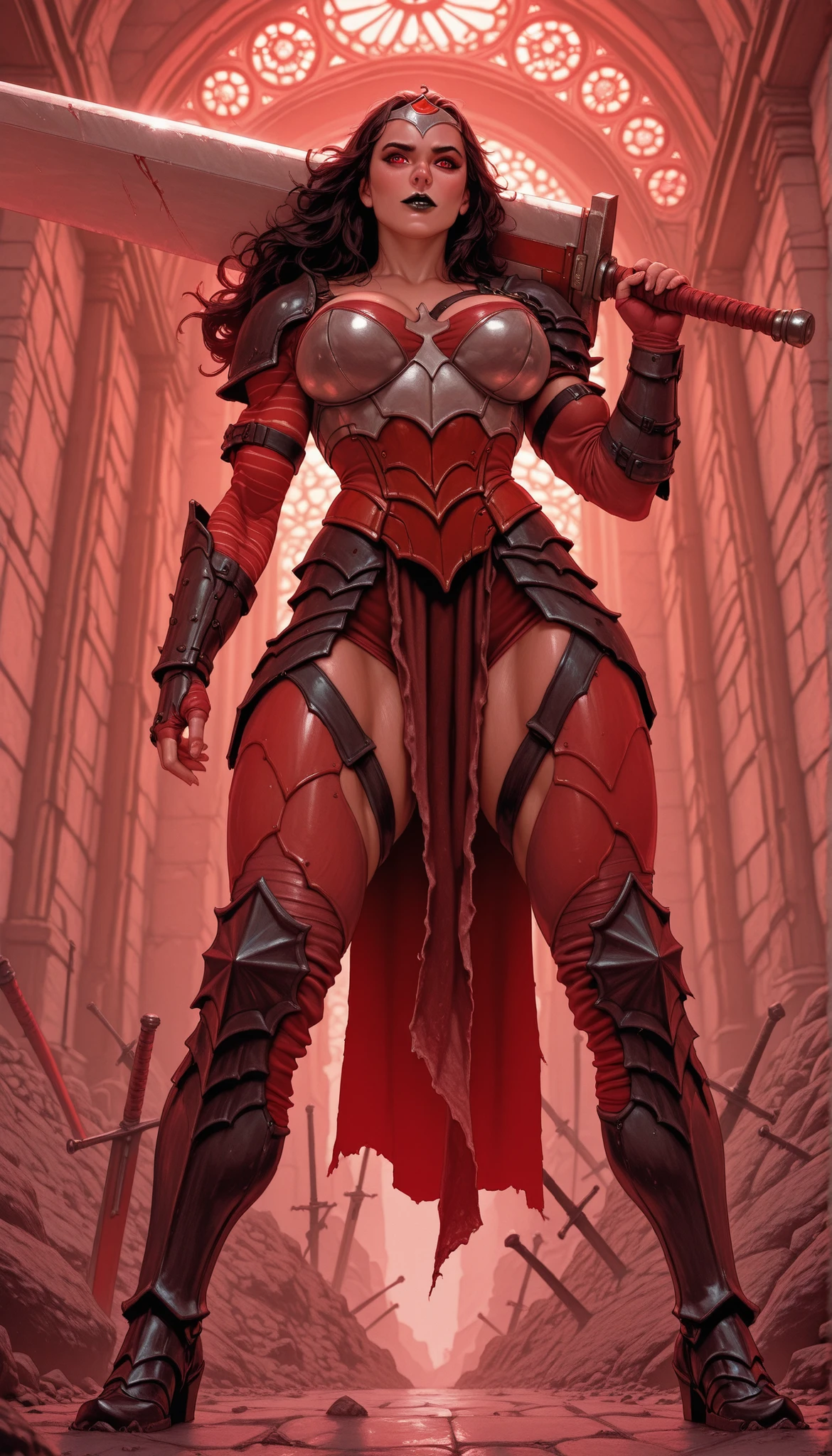 masterpiece, best quality, amazing quality, absurdres, AbsoWW, weapon, sword, holding, 1girl, armor, holding weapon, holding huge sword, tiara, red eyes, black lips, looking at viewer solo, gauntlets, red pants, black greaves, , thick muscular thighs, wide curvy , from BELOW, DYNAMIC ANGLE 