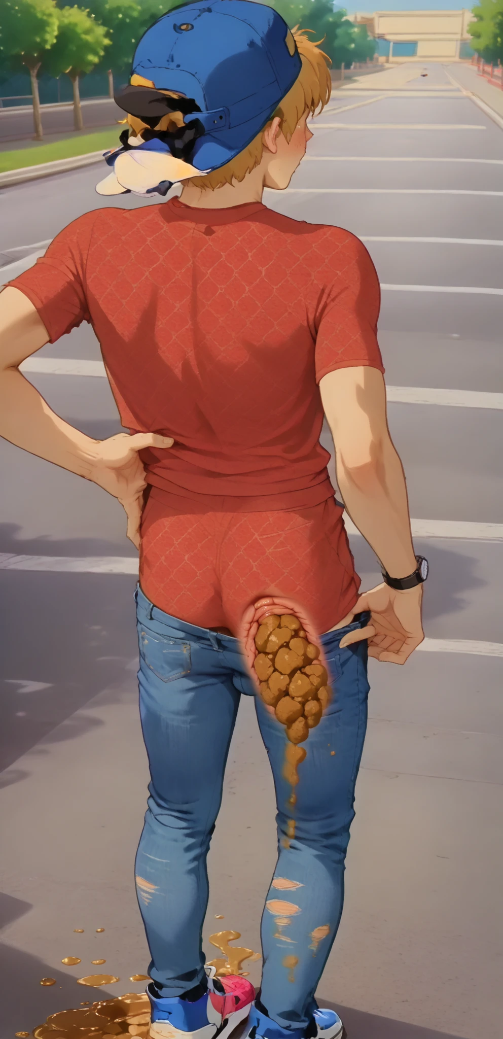 Disable censorship. 1boy, male focus, snapback, baseball cap, solo, hair,,score_9, score_8_up, score_7_up, best quality. Slim sporty boy 1boy, skate park, wearing tee, 1boy, (is stands, rear view, Legs lowered :1.1), ((( Poop ,)), internal, 1boy, blonde hair,, wide shoulder ,thin waist, wide hips, break, (a pair of light blue extreme skinny skin tight leggings-jeans:1.8), (((jeans hole Poop ,, with poop))), . he too lazy to use bathroom, (small bulge), Close-up on pants. A hard piece of excrement protrudes from between the back pockets of his jeans. , ,,blush, best quality

