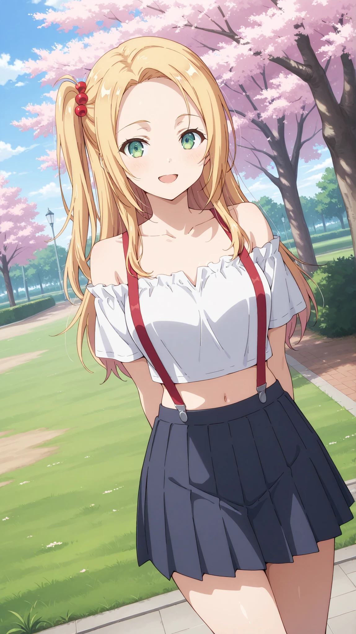 masterpiece , best quality , highly detailed , ultra high res , Score_9, Score_8_up, Score_7_up, perfect anatomy, detailed fingers, detailed eyes, cowboy shot, dutch angle, focus on face, masterpiece, detailed anime, Sharp Focus, lady, JK, detailed face, detailed green eyes, smile, semi-long hair, blonde hair silky hair, forehead, sliced back hair, side ponytail, arms behind your back, open smile, joy in your eyes, navel, Captivating thighs, knee, sandy road, grass , (off-shoulder, suspenders on pleated skirt, pleated skirt,), park, cherry trees
