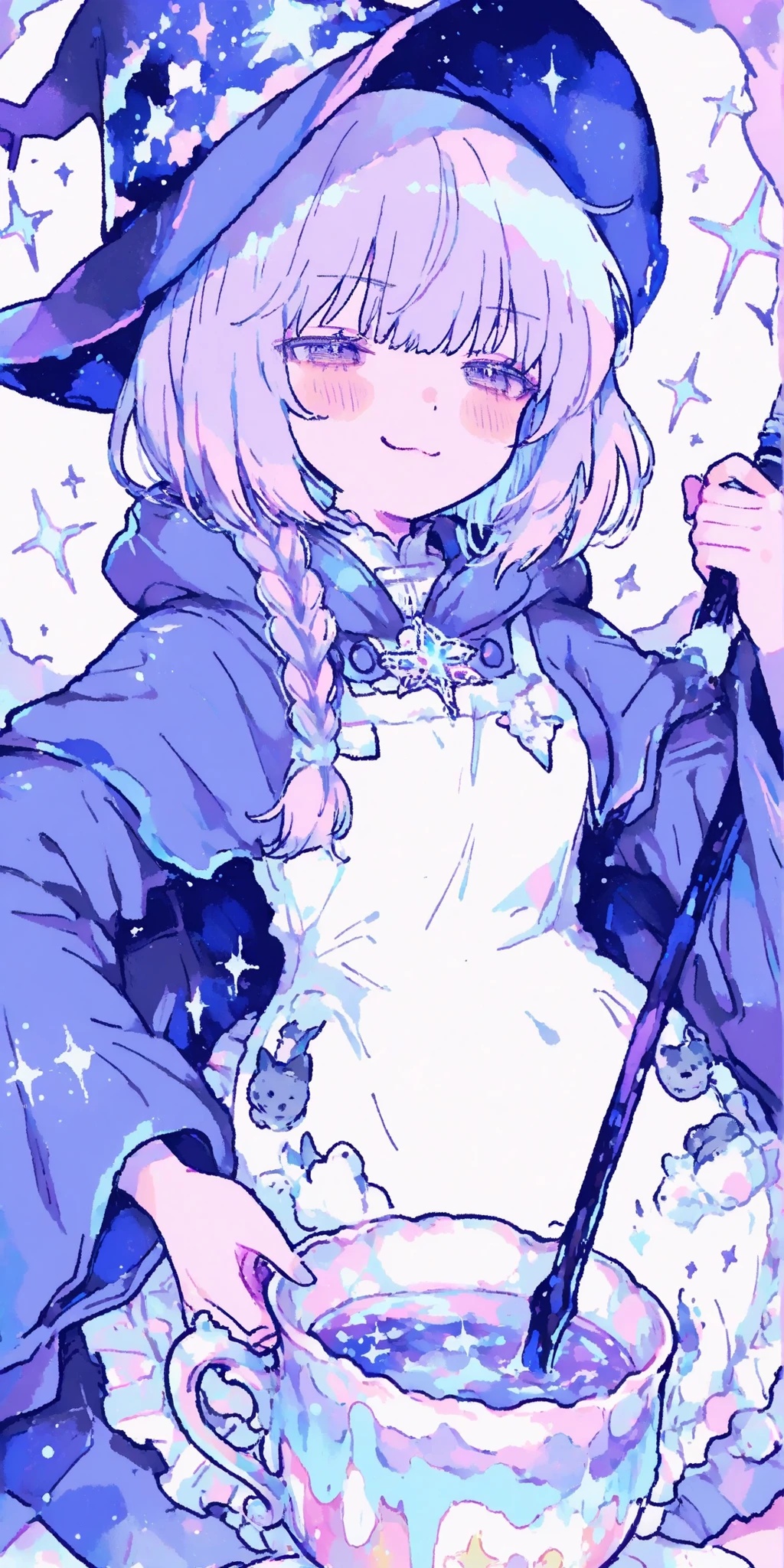 Witches,there is a liquid that glows purple in a giant teacup,womanhood,1girl,I'm stirring the liquid with a stick,Bad expression,Witchesの服装,wizard hat,,pastel color,Action,dynamic,anime,masterpiece,Highest Quality,Great Quality,very beautiful,Newest,