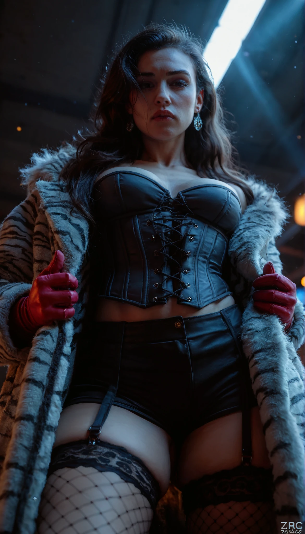 score_9, score_8_up, score_7_up, score_6_up, masterpiece, best quality, intricate details, 1 woman, Fringe Hair, aesthetic body, athletic body, dark long hair with fringe \(white highlight, zigzag pattern\), earrings, large fur coat \(fluffy, zebra pattern\), corset, tight shorts and fishnet stockings , red glove, standing, serious face, low angle, holding lighter, Scene color range tons: pink, blue, purple light, dark background, cinematic lighting, woman, long hair, sexy ominous mood, dramatic lighting, beauty, realism, cinematic quality photo emotional, harmonious, highly detailed, bokeh in the background, 8k, HDR, ultra detailed, dark ambient, look at the viewer