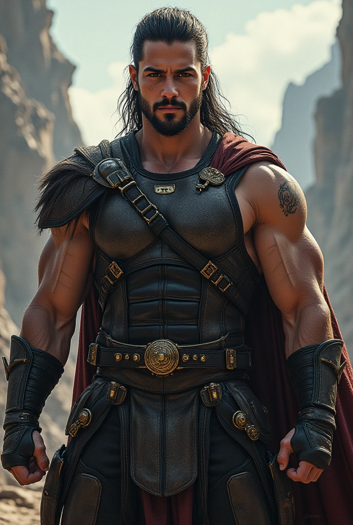 A warrior. He has intense black eyes and black hair cut in a very short mullet style.. He wears Leather Armor that is not covered on his left arm.,In your right hand, He holds a long sword. Your left arm is covered in cut scars.