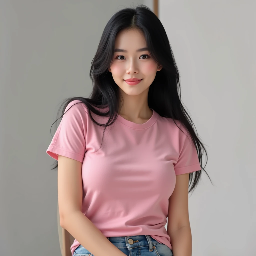 close-up of beautiful korean female, 34 inch size, wearing pink and orange t-shirt, painting brush, on the street, UHD