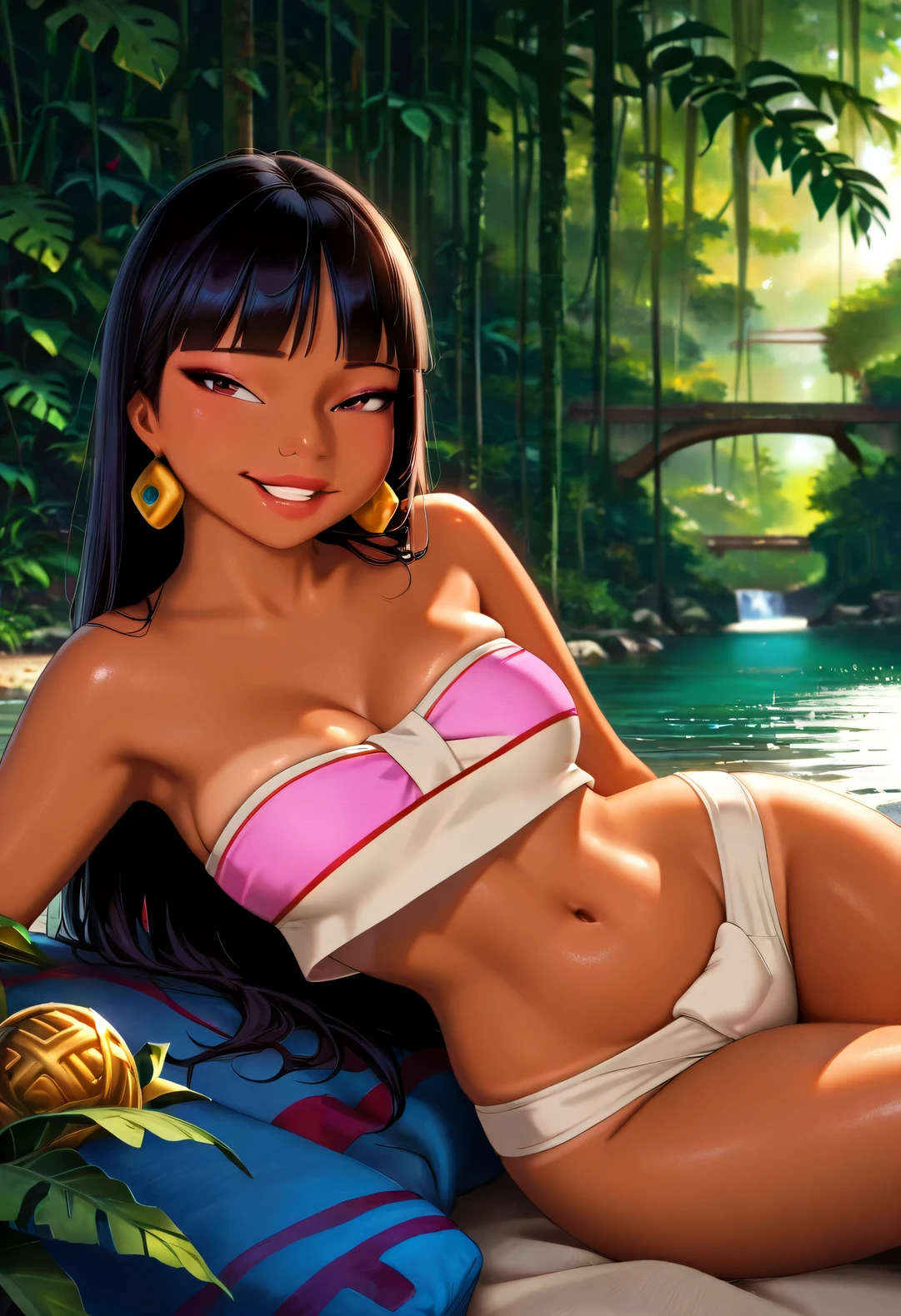 (masterpiece, ultra detail, 8k, photorealistic), Chel inspired beauty, curvy voluptuous body, tanned glowing skin, wearing tiny sheer bikini with golden ornaments, lying playfully on riverbank rocks, jungle background, seductive grin, erotic but tasteful pose, cinematic lighting, photorealistic detail