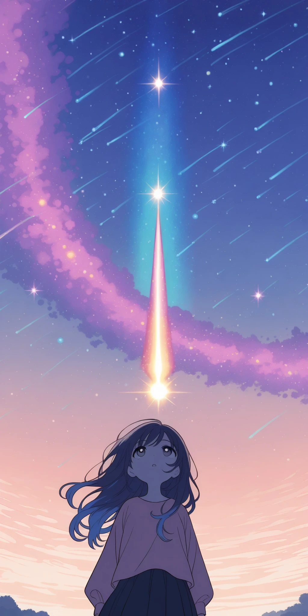 solo,relaxed and cozy style,(flat color:1.2), simple color,girl manga style, line art,deformed 1girl looking up. sunset, beautiful detailed sky, golden hour, (many cosmic colorful transparent shooting_star:1.3),(from below:1.2)