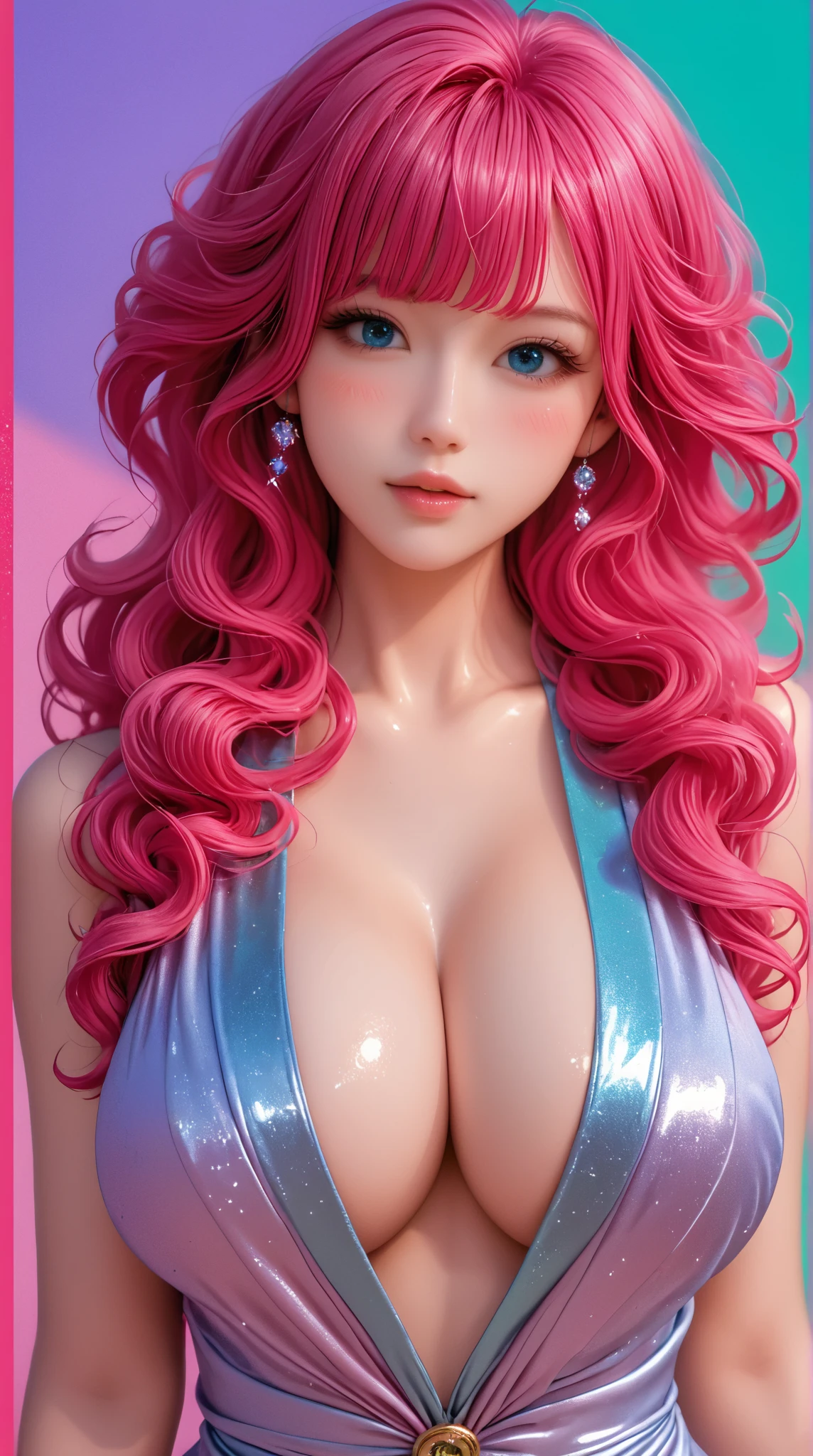 In a dimly lit beach with soft, warm lighting, a cute voluptuous girl sits on the sand, her curly pink hair glistening in the glow. She wears a sparkling pink latex ???????? with ???? cleavage that seems to shimmer and shine like bioluminescent paint, matching the radiant violet hue of her eyes. Her radiant blue eyes are heterochromatic, detailed with long eyelashes and colorful irises, radiating confident eye contact. Her expression is sultry, with mesmerizing eye contact that draws the viewer in. Her ??????????? are perfectly rounded, with a large sag that adds to their allure. As she kneels forward, her legs spread invitingly, showcasing her confidence and ??? appeal. The watercolor-inspired hues on her skin blend seamlessly, creating a photorealistic effect that's almost too beautiful to be real. Exquisite Face, (Highly detailed face 1.2), (Seductive, ???? facial expression:1.4), sweat flowing, detailed background, Depth of Field, volumetric light, crisp focus, realistic proportions, (Realistic, hyperrealistic:1.4), HDR 16K,