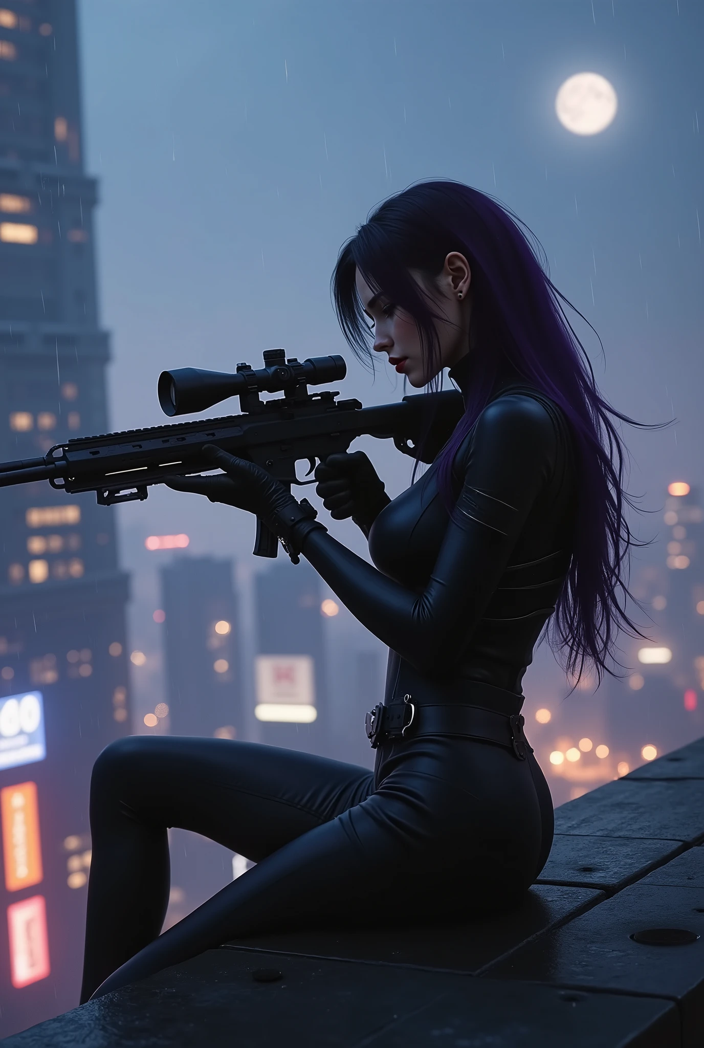 Female Sniper Android Assassin, Midnight 、Quietly Aim from a Skyscraper to a Target, (Highest Quality,4K,8k,high resolution,masterpiece:1.2),super detailed,(realistic,photorealistic,photo-realistic:1.37),dramatic lighting, gloomy atmosphere, Dramatic Pose, scope, extremely tight matte black cyberpunk suit to lie on, Equipment on the waist belt,Night Vision, Gloved hands, Dark Rooftop , Cyberpunk Cityscapes, towering skyscrapers shining in the city lights, Moonlit Sky, rain, Dramatic Shadow,beautiful style,thin waist,dark purple long hair,scope sitting at the corner of the building and snipe,specialist,