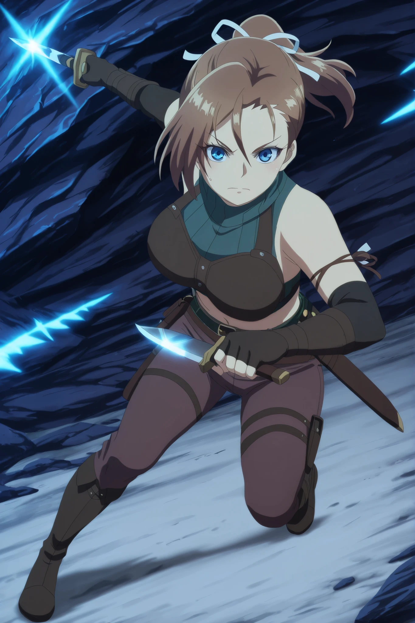Rhuda runebeck, blue eyes, brown hair, ribbon, hair ribbon, ponytail, mature female, breast, anime screen cap, holding knife, action pose, full body, foreshortening.