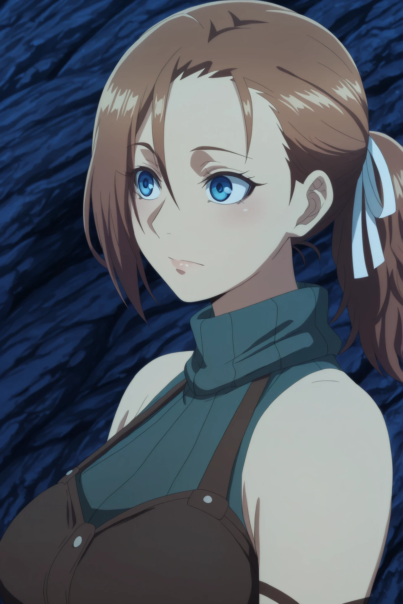 Rhuda runebeck, blue eyes, brown hair, ribbon, hair ribbon, ponytail, mature female, breast, anime screen cap.