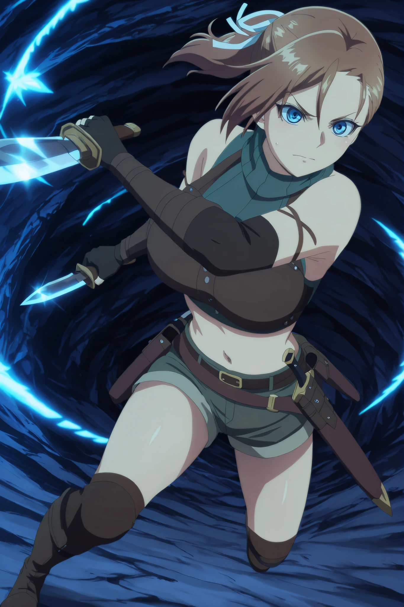 Rhuda runebeck, blue eyes, brown hair, ribbon, hair ribbon, ponytail, mature female, breast, gloves, navel, shorts, midriff, fingerless gloves, crop top, anime screen cap, holding knife, action pose, combat ready, full body, close up, foreshortening, highres 4K, 8K.