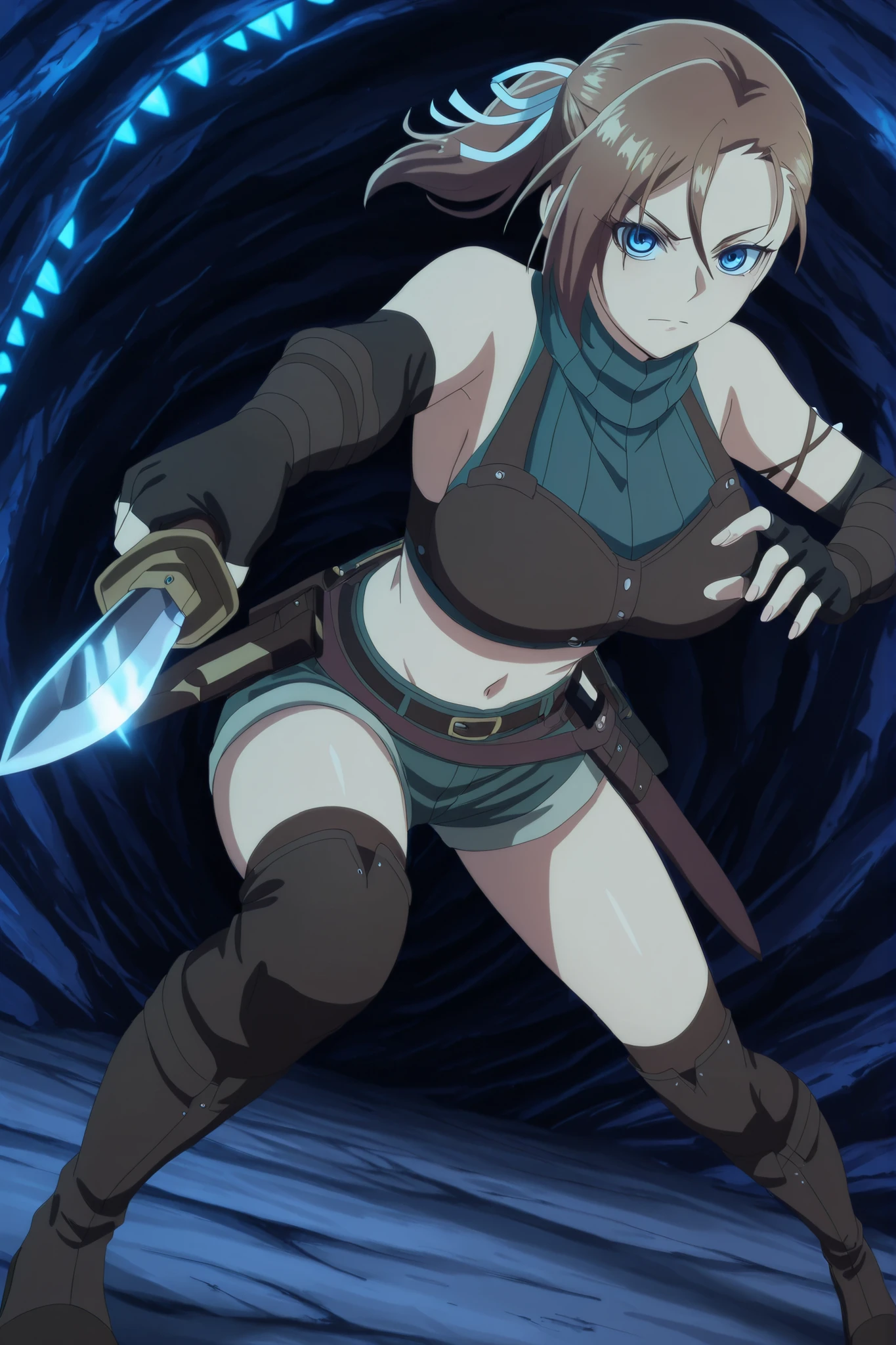 Rhuda runebeck, blue eyes, brown hair, ribbon, hair ribbon, ponytail, mature female, breast, gloves, navel, shorts, midriff, fingerless gloves, crop top, anime screen cap, holding knife, casual pose, full body, close up, foreshortening, highres 4K, 8K.