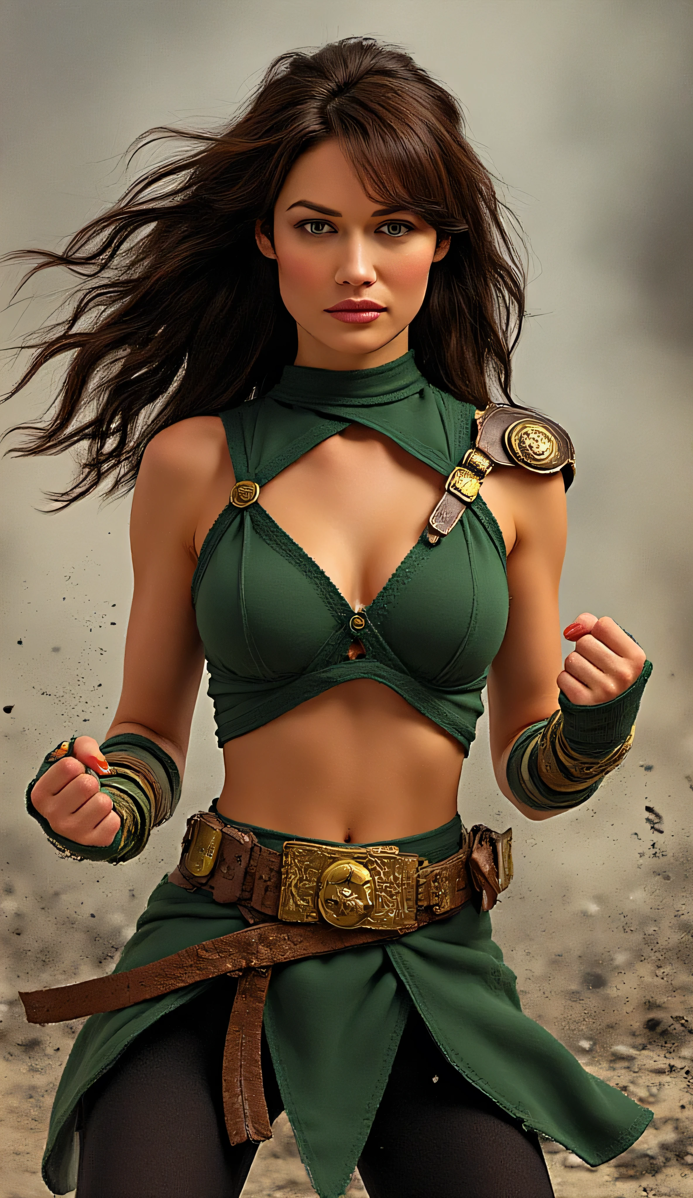 Olga Kurylenko as Talia al Ghul, fierce warrior, dynamic comic book illustration style, standing proudly, amidst smoke and rubble, long hair flowing behind her, strong features, determined expression, wears a cropped green battle outfit with golden armbands, exposing her toned midriff, paired with black leggings, powerful stance, one fist clenched, ready for combat, tension and drama, bold ink outlines, vibrant colors, dynamic shading, heroic comic book aesthetic