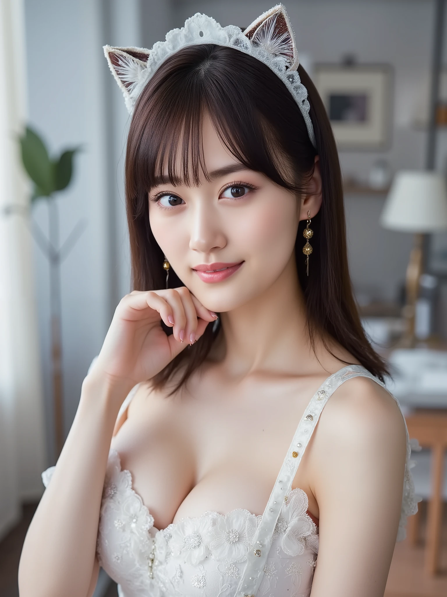 Maid Dress, Cat's Ear, Black Long Hair, watching me smile,Best Quality, big breasts, skirt, Slender figure, open chest, big cleavage