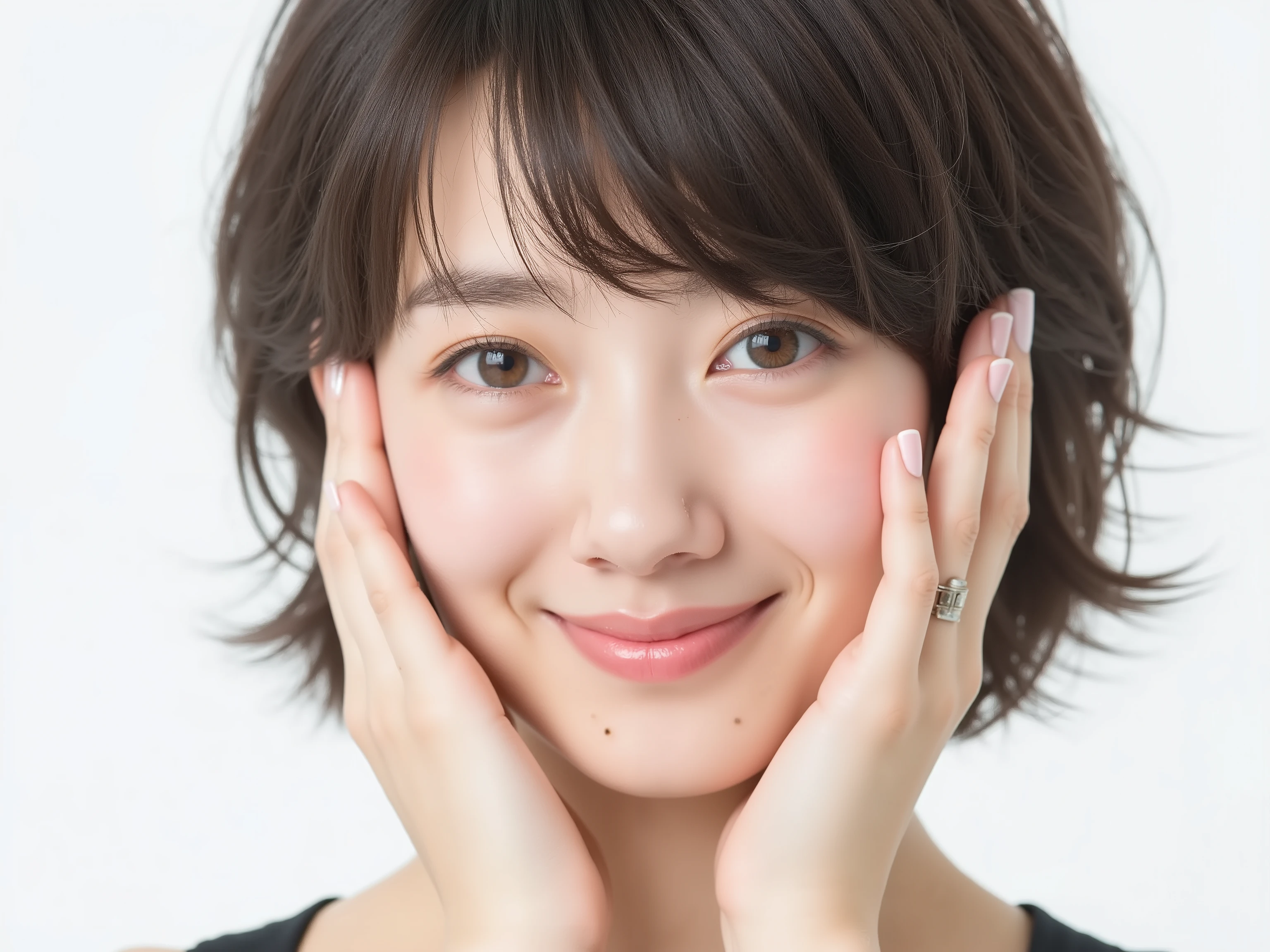 (Refined from an old photo, recreated in a modern, ultra high-quality photorealistic style, with a trendy Reiwa-era hairstyle: soft semi-long hair with natural waves and airy see-through bangs),
Ultra photorealistic close-up portrait of a beautiful Japanese woman,
upper-body shot, wearing a black outfit (completely out of frame, not visible),
shoulders and collarbone softly exposed,
both hands pressing her cheeks in a shy, lovestruck pose,
sparkling eyes gazing dreamily at the viewer with overwhelming affection,
cheeks blushing deeply with a sweet reddish glow,
soft glossy lips curved into a bright, full, lovestruck smile,
expression melting with love, playful, dreamy, adorably bashful,
purely cute and lovestruck, overflowing with affection and warmth,
realistic skin with detailed pores, subtle freckles, natural uneven tones,
tiny imperfections for realism, soft peach fuzz visible,
hair rendered with individual strands, slightly messy flow, natural matte shine,
soft diffused cinematic lighting, natural depth,
background pure white with gentle blur,
(masterpiece, best quality, high resolution, intimate romantic close-up, cinematic magazine cover style)