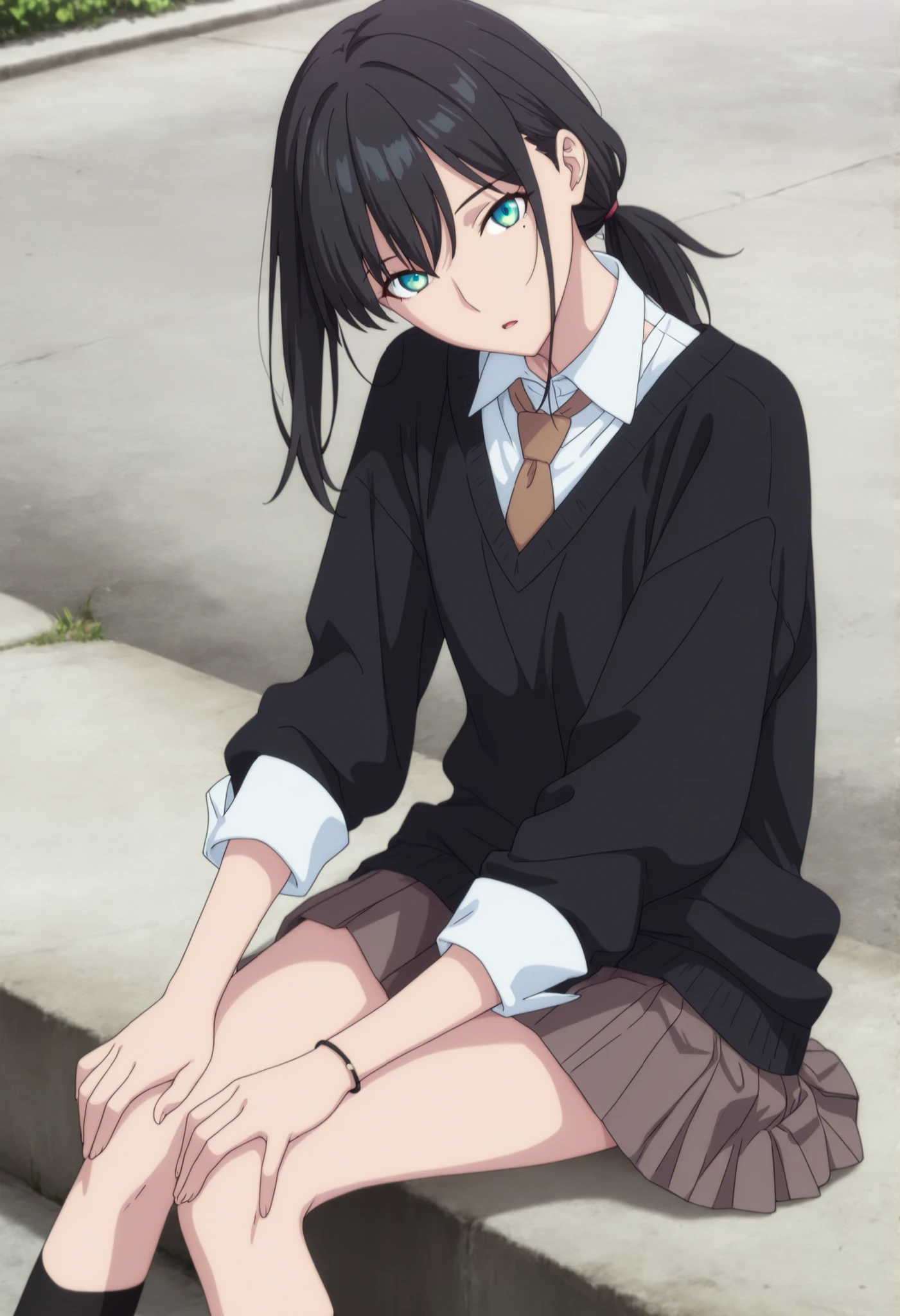masterpiece, best quality, amazing quality, highres, absurdres, very aesthetic, high resolution,  ,ultra detailed, perfect details, , 1girl, solo, outdoors, , (detailed background:1.2),from above,() , minami kano, long hair, low ponytail, ((black hair)), long bangs, , green blue eyes, (detailed beautiful eyes), bracelet, (three-quarter sleeves, sleeve cuffs, black sweater, white shirt, collared shirt ,brown stripe necktie),, dark gray skirt, pleated short skirt, black stockings, (flat chest), , (aged up:1.5),(), looking at viewer, (anime coloring), , pose, , head tilt, slim body, slender body, slim arms, long legs, pale skin, sitting, hands on knees, mole under mouth, one mole,