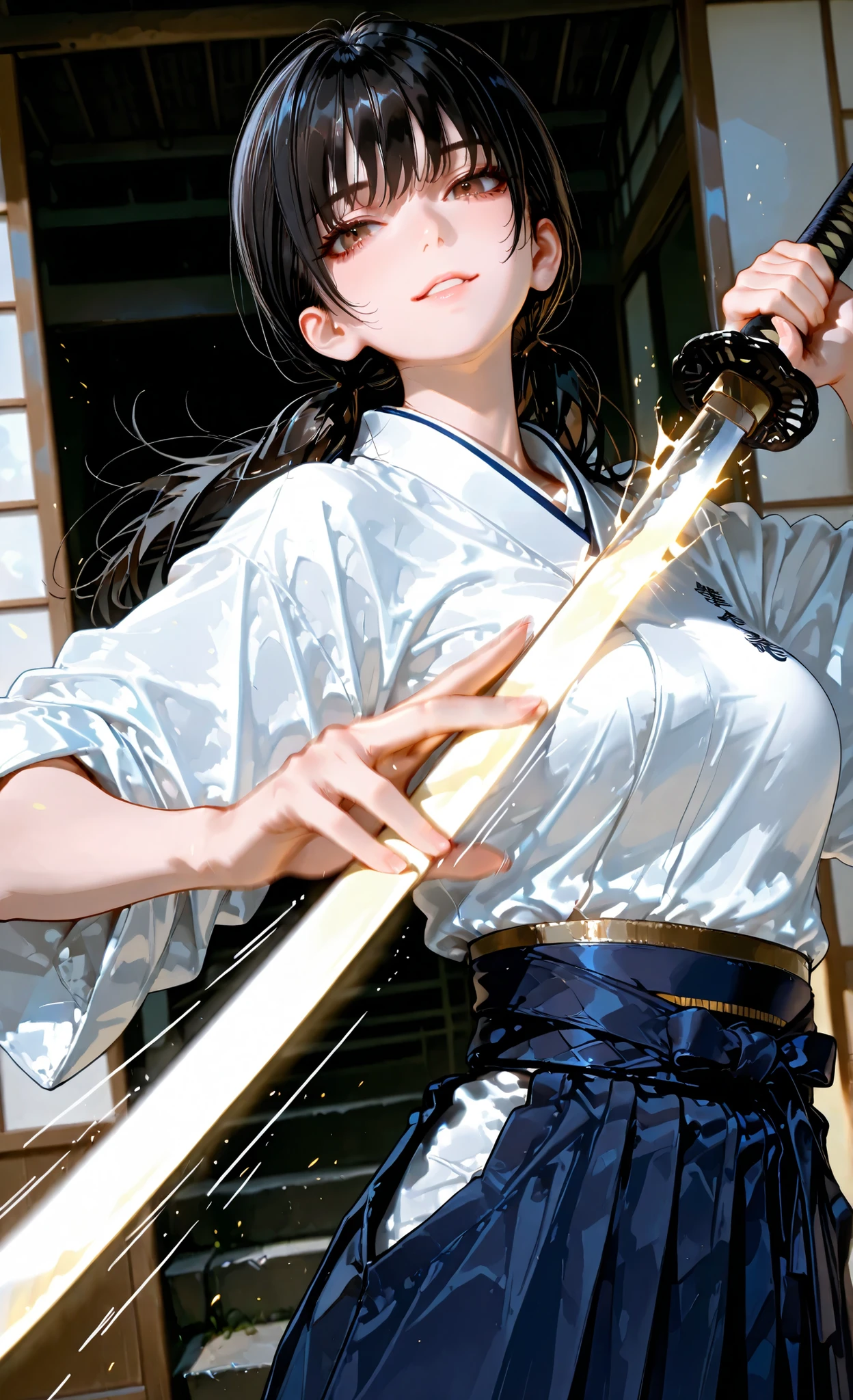 1 girl , Mitaka Asa, long hair , low ponytails , brown eyes , pretty eyes , detailed eyes, long eyelashes, beautiful eyes, beautiful face, beautiful hair, medium breasts, white kendo uniform with gold details on the edges, unwrinkled navy blue hakama, standing, detailed background, looking at viewer, holding katana, sword drawn, sword slash motion, glowing blade, detailed hands, cinematic angle, motion lines, motion blur, motion effect, dynamic pose, action shot, parted lips, psychopathic smile, close up, provocativ, top quality, supreme masterpiece, ultra detailed, very aesthetic