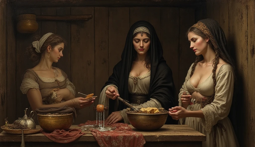 Draw an allegorical painting of the sin 'Envy' in the style of 'The Last Supper'. The scene: a lavish feast at a long wooden table, laden with food — roasted meat, fruits, golden goblets of wine. The only character is Megera, one of the Greek Erinyes, embodying envy: a gaunt, fierce woman draped in a tattered green robe, her head entirely crowned with writhing snakes instead of hair, like Gorgon Medusa, each strand a living serpent, and bared, snarling teeth, radiating subtle malice. She sits facing forward, her shadowed, venomous eyes gazing quietly to the left, simmering with restrained jealousy, fixed on something beyond the frame. Her bony hands rest lightly on the table edge, nails barely grazing it, her body rigid yet composed. Her spot is barren — a lone crust of bread and a cracked cup — starkly contrasting the untouched feast before her, whispering deprivation. The composition is symmetrical, with warm golden lighting casting harsh shadows on Megera, set against a dark background, in the style of classical painting with rich ancient Greek details, textured and dramatic
