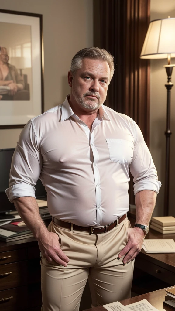 (best quality,4k,8k,highres,masterpiece:1.2), age 60, white man detective ,  disgusting, muscular chubby, kind, open blue silk shirt , mature daddy,black Dress Pants with big hard bulge, hairy chest hard , belt, loafer,