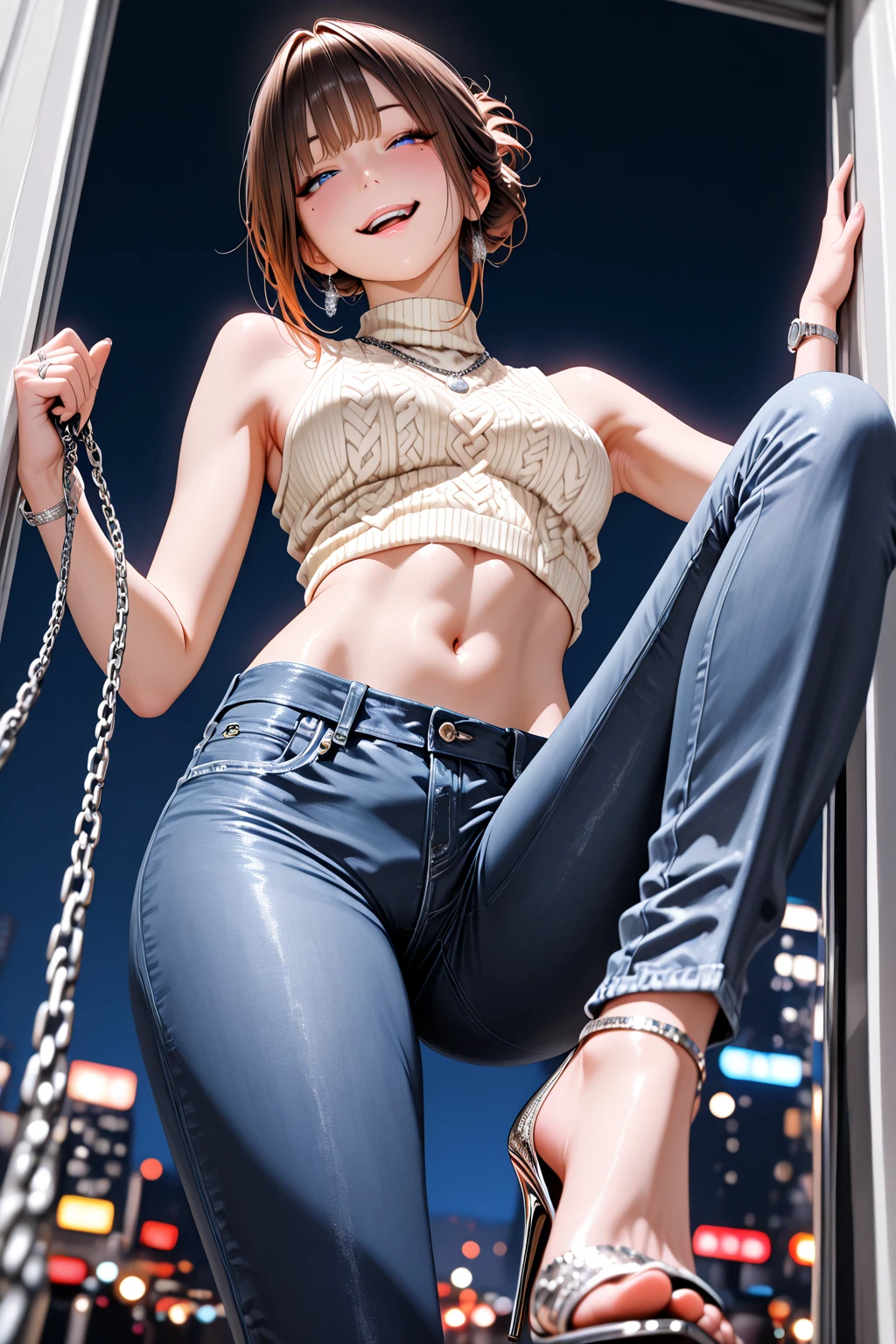 (8K high quality), big eyes, long eyelashes, milky white skin, high detail skin, realistic skin details, (visible pores), (2 pony-tails hair), only one girl, beautifully detailed nose, highly detailed skin, ((18-year-old girl style)), ((wearing only )), ((dark background)), ((happily smiling)), (( white bikini)), (body hair), (arm hair), (thigh hair),  shoulders, ( top,  briefs), (), (protruding pubic bone), , , ,  on face,  on body