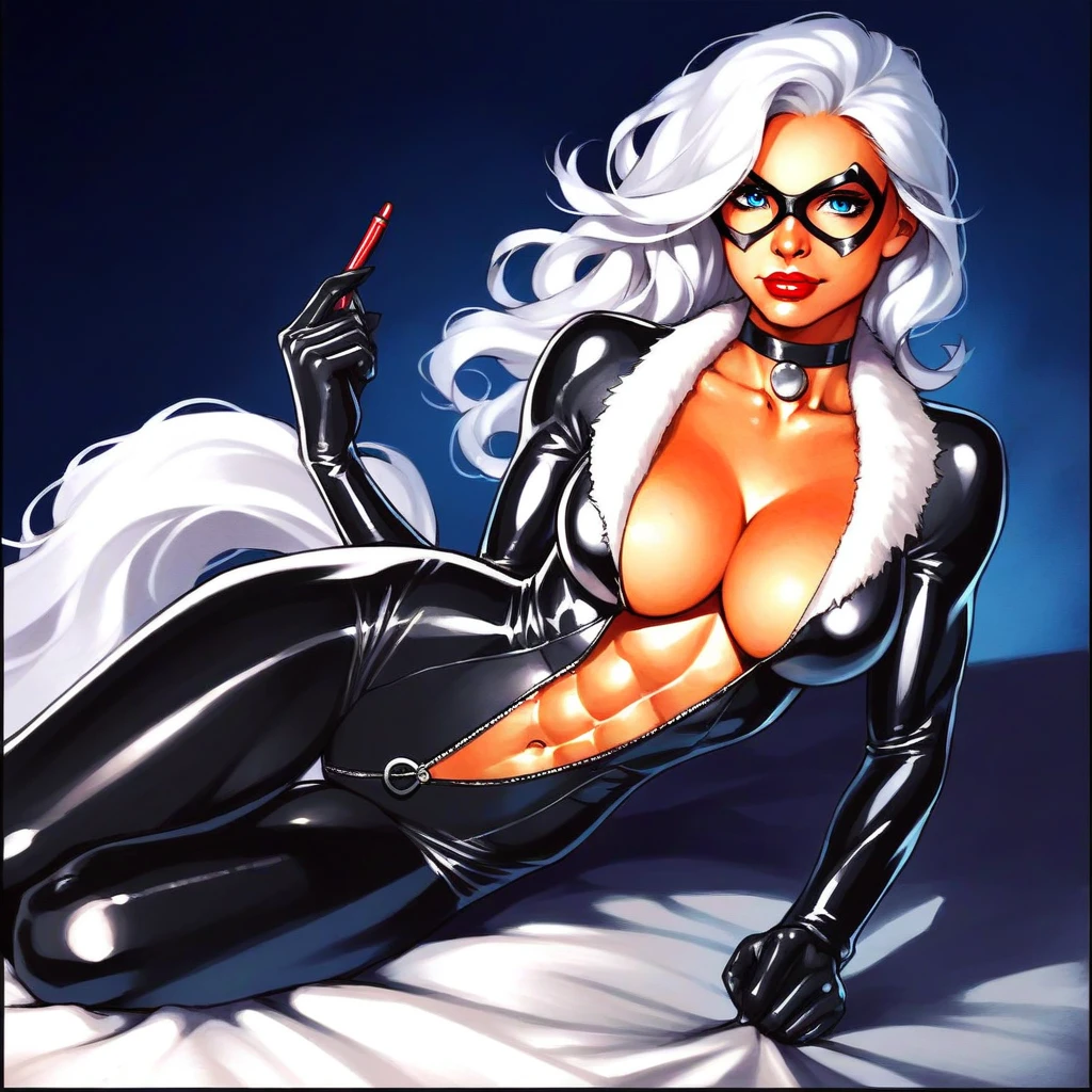 comic cover, gata negra, black cat, felicia hardy, with her mask, action pose, ???? pose, white hair, blue eyes, long hair, ???? body, curves, yusuke murata syle. Ilya Kuvshinov syle, anime art style, rosto bonito,