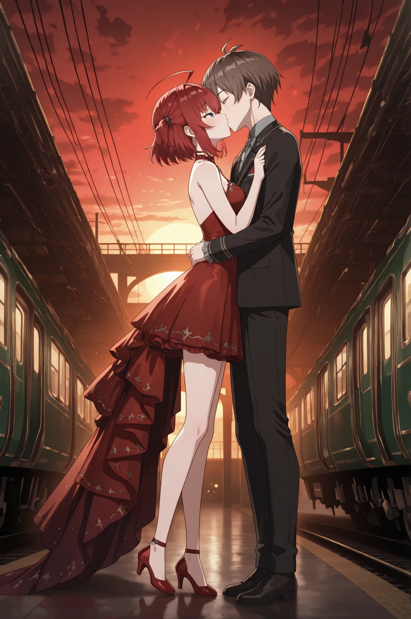 fullbody,1 girl lynee, grey eyes, red hair, short hair, one side up, ahoge,red evening dress.....1 boy allen,red eye, brown hair,fantasy ,detailed eyes,anime eyes,high detail eyes,multicolored iris,detailed iris,anime ,best quality, amazing quality,masterpiece,absurdres,ultra detailed,High Quality, High Resolution ,High Definition,style,kiss, station,There is a train behind