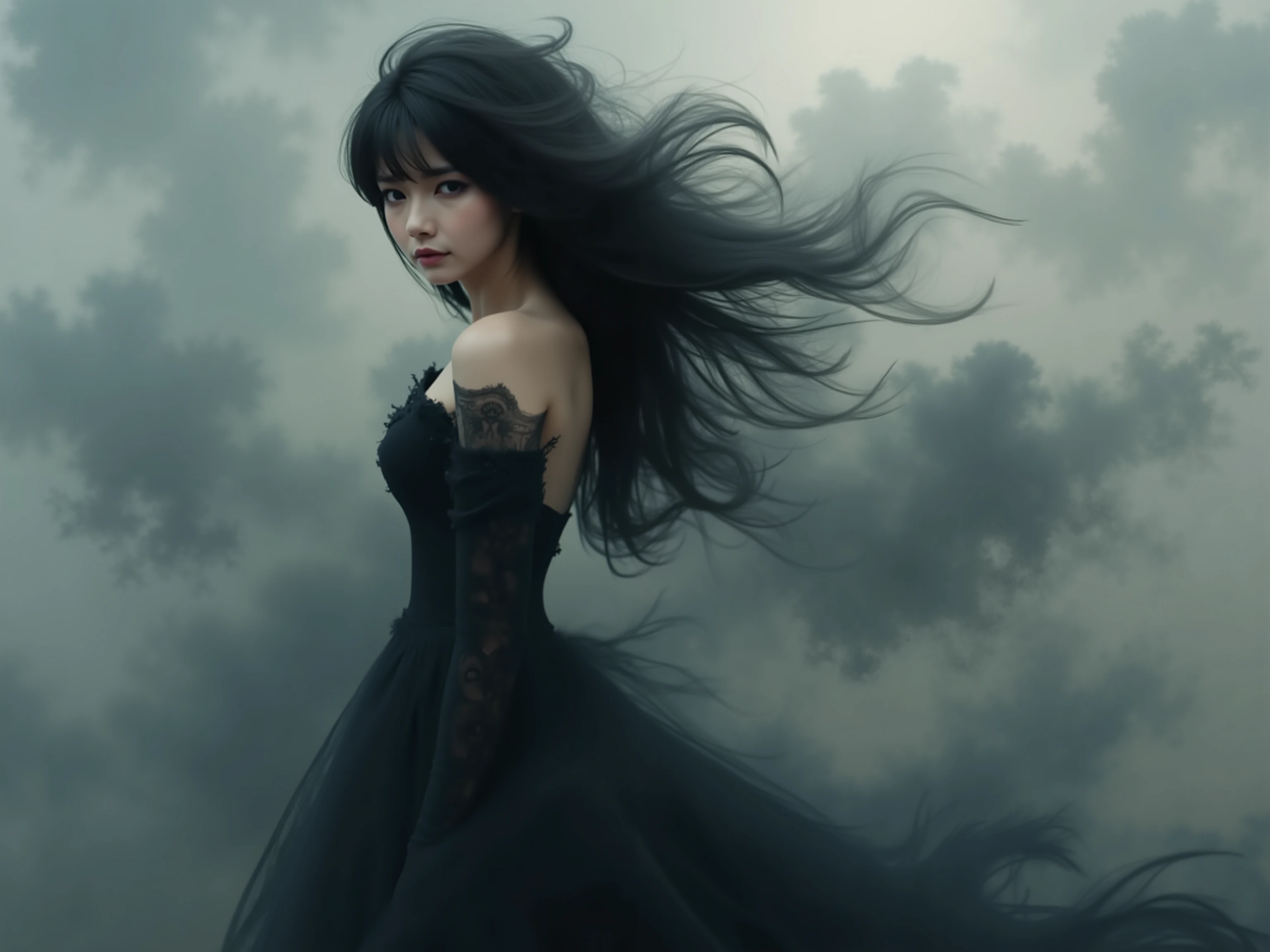 In a surreal, hyper-realistic style , , yet surreal depiction of a mysterious Asian woman ous , Her flowing hair seems to move in an ethereal breeze . when she was wearing a fitted, An elegant black dress with a long skirt, Blending in with shadowy swirls of smoke or fog rising from the ground around her, gives the illusion that she blends in with her environment . Her face is obscured by flowing bangs and shadows , But her strong features and piercing eyes suggest confidence and mystery. The contrast between sharpness and softness, The realistic details of her dress and figure contrast with the dreamlike , The flowing mist emphasizes the tension between reality and fantasy .