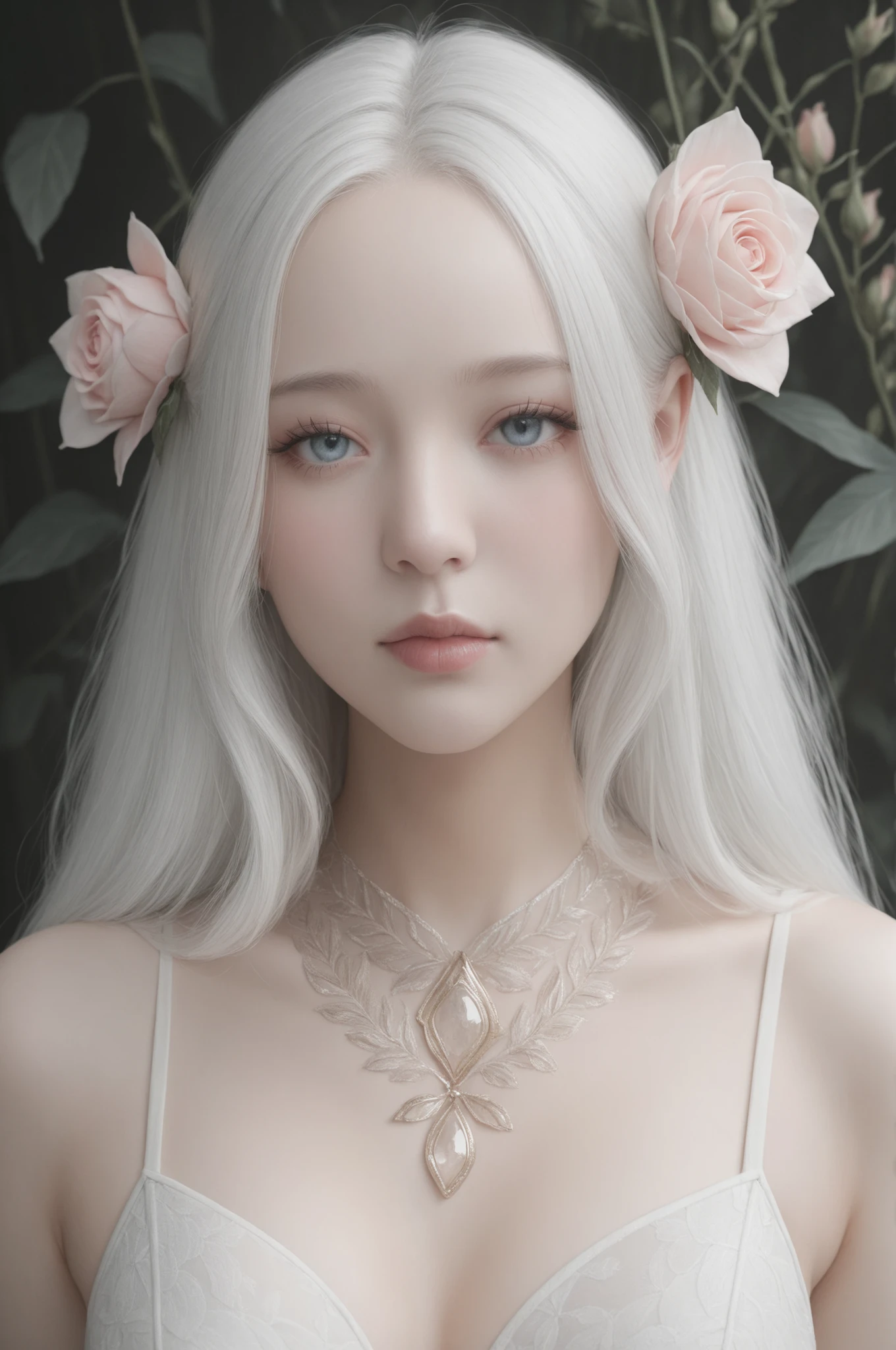 light-skinned, ethereal elf girl with long, flowing, white hair, wearing a delicate pink and rose-gold adornment in her hair and around her neck. Focus on soft, pastel, and muted colors with a light, whimsical style and detailed, realistic facial features, emphasizing soft highlights on the skin and hair and intricate, delicate patterns,  masterpiece, best quality,absurdres 