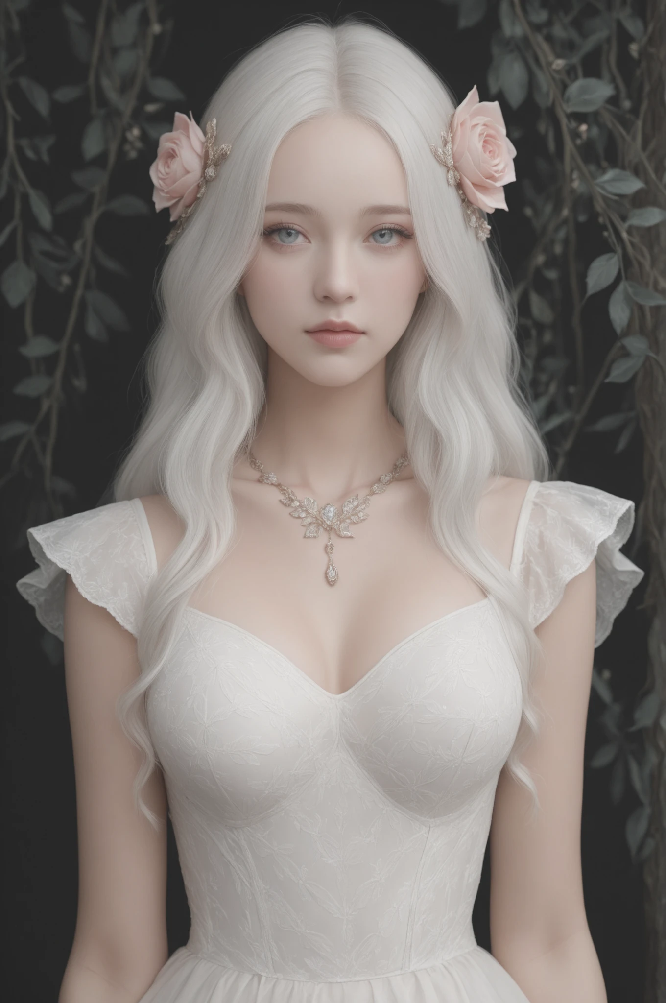 light-skinned, ethereal elf girl with long, flowing, white hair, wearing a delicate pink and rose-gold adornment in her hair and around her neck. Focus on soft, pastel, and muted colors with a light, whimsical style and detailed, realistic facial features, emphasizing soft highlights on the skin and hair and intricate, delicate patterns,  masterpiece, best quality,absurdres 