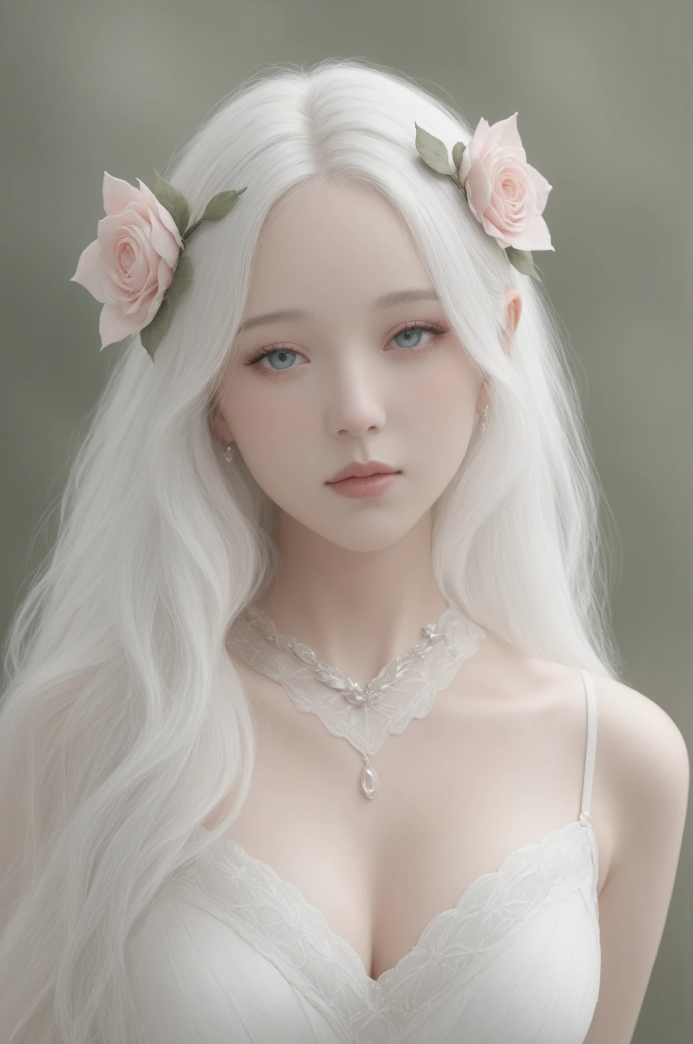 light-skinned, ethereal elf girl with long, flowing, white hair, wearing a delicate pink and rose-gold adornment in her hair and around her neck. Focus on soft, pastel, and muted colors with a light, whimsical style and detailed, realistic facial features, emphasizing soft highlights on the skin and hair and intricate, delicate patterns, masterpiece, best quality,absurdres