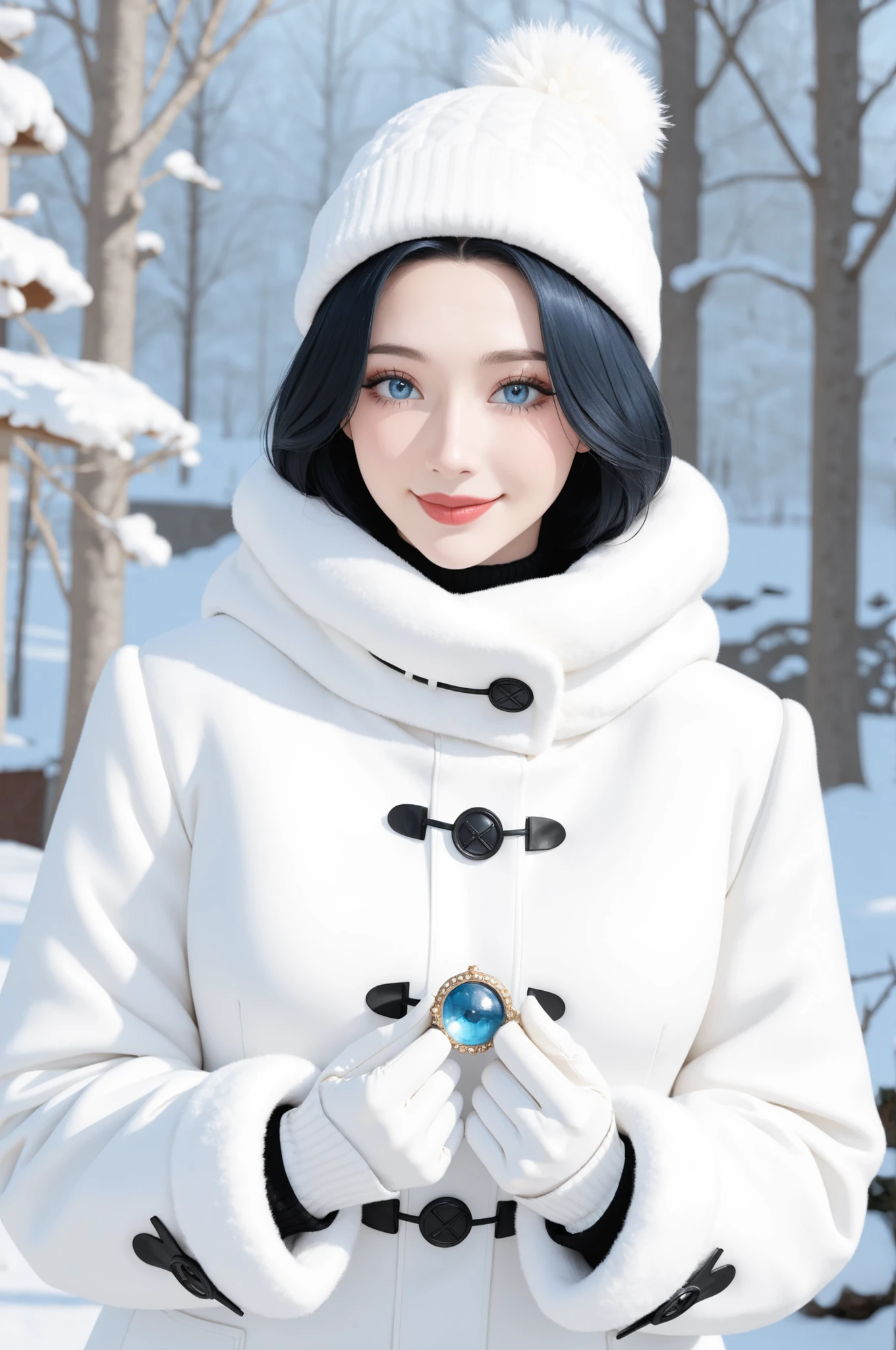 masterpiece, best quality,Gothic woman, wiccan, winter background, She is wearing a white fur coat, fashionable white turtle neck sweater, white gloves, ornate winter hat, long white hair, gorgeous blue eyes, pouty red lips, cute button nose, smile, volumetric lighting, Fujicolor, Canon, 32k resolution ,nq
