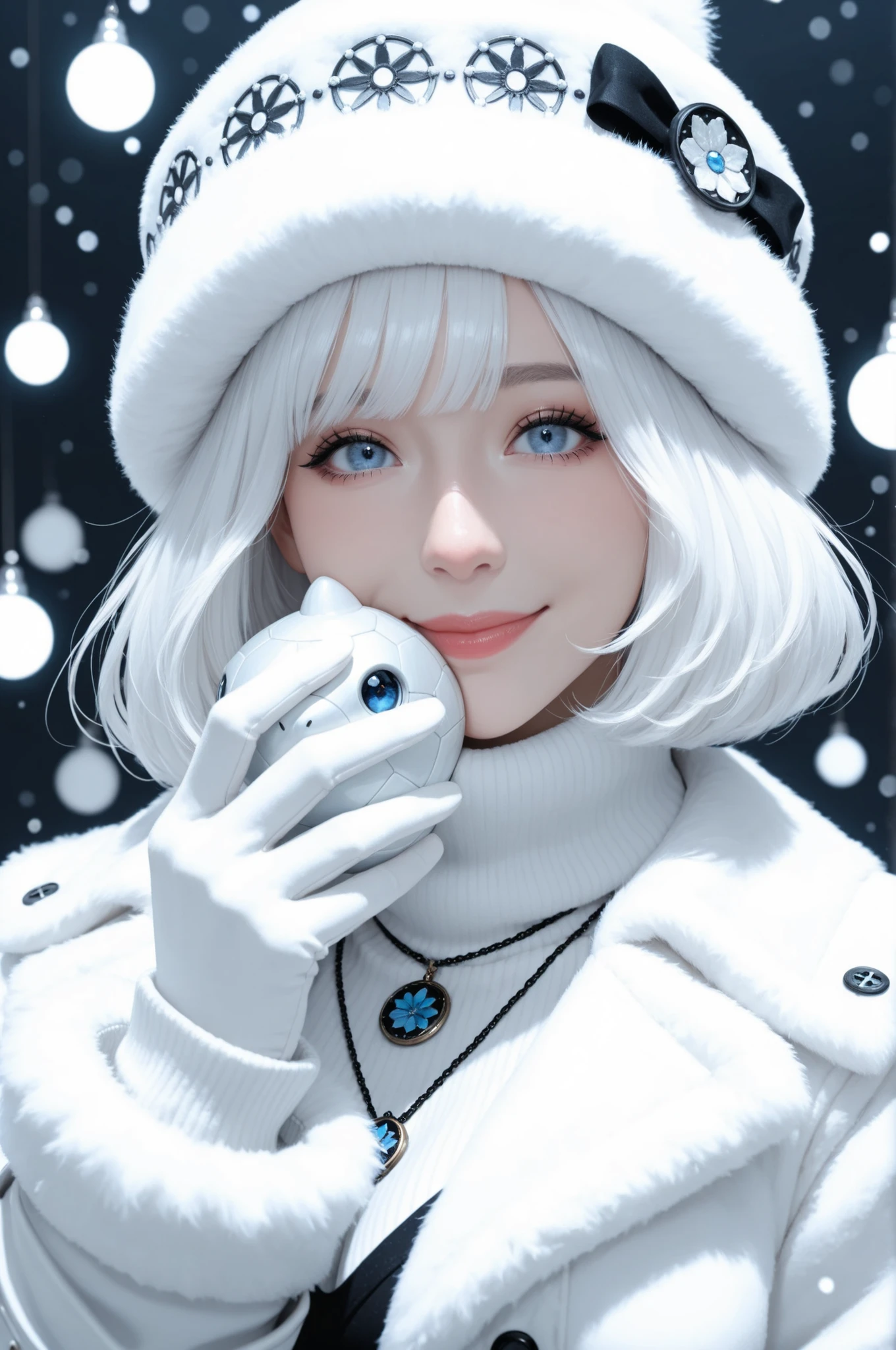  masterpiece, best quality,Gothic woman, wiccan, winter background, She is wearing a white fur coat, fashionable white turtle neck sweater, white gloves, ornate winter hat, long white hair, gorgeous blue eyes, pouty red lips, cute button nose, smile, volumetric lighting, Fujicolor, Canon, 32k resolution ,nq