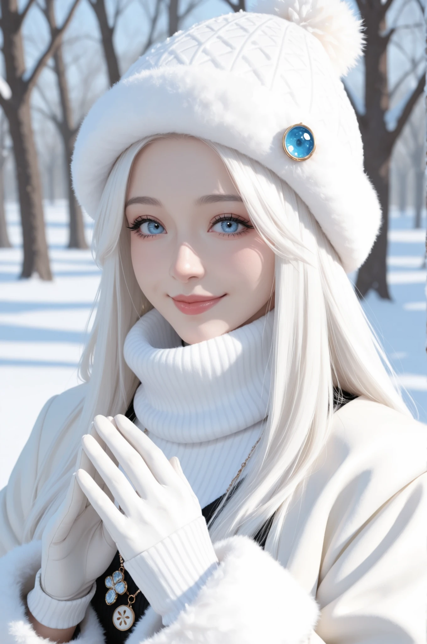  masterpiece, best quality,Gothic woman, wiccan, winter background, She is wearing a white fur coat, fashionable white turtle neck sweater, white gloves, ornate winter hat, long white hair, gorgeous blue eyes, pouty red lips, cute button nose, smile, volumetric lighting, Fujicolor, Canon, 32k resolution ,nq
