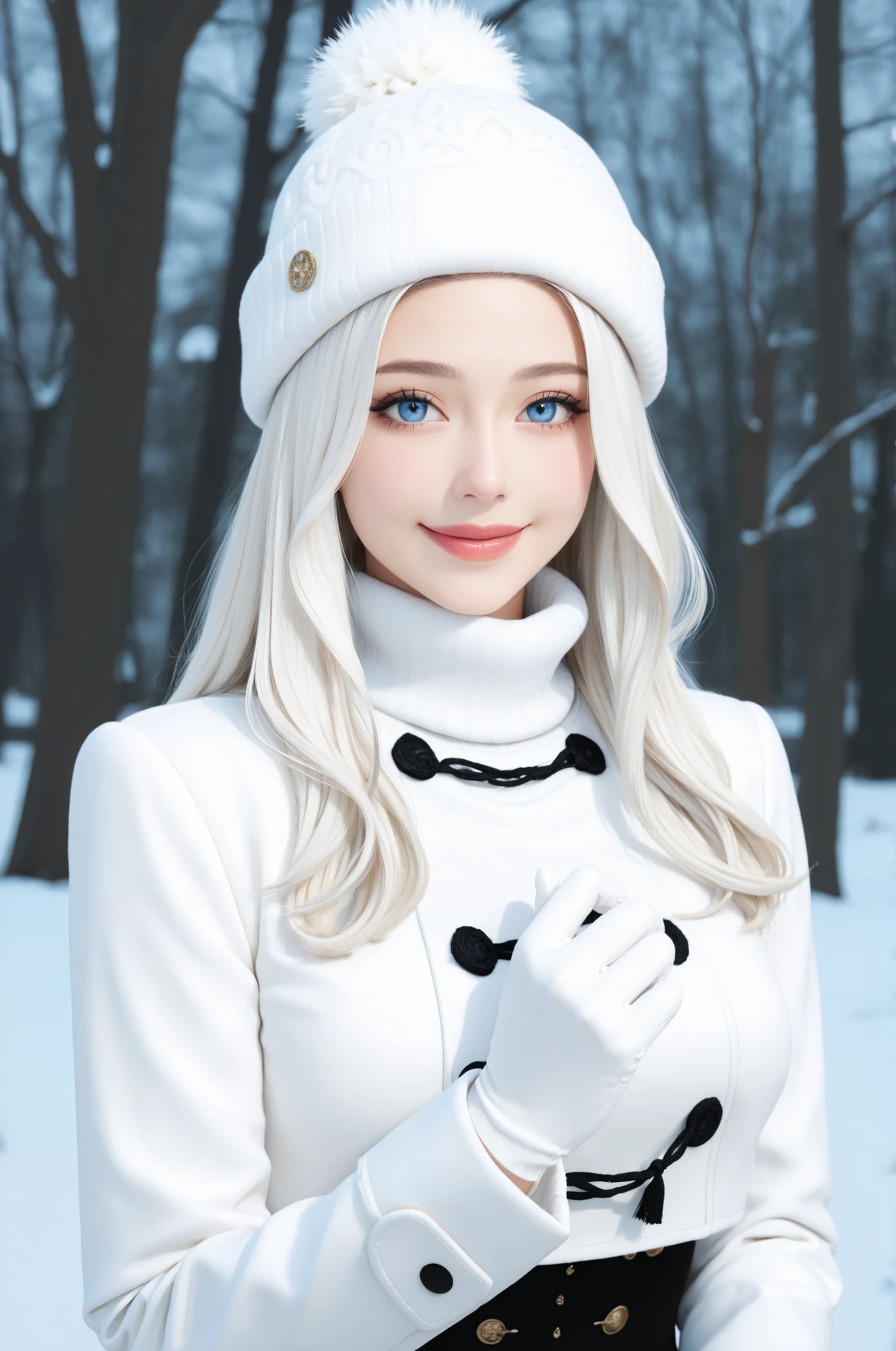  masterpiece, best quality,Gothic woman, wiccan, winter background, She is wearing a white fur coat, fashionable white turtle neck sweater, white gloves, ornate winter hat, long white hair, gorgeous blue eyes, pouty red lips, cute button nose, smile, volumetric lighting, Fujicolor, Canon, 32k resolution ,nq