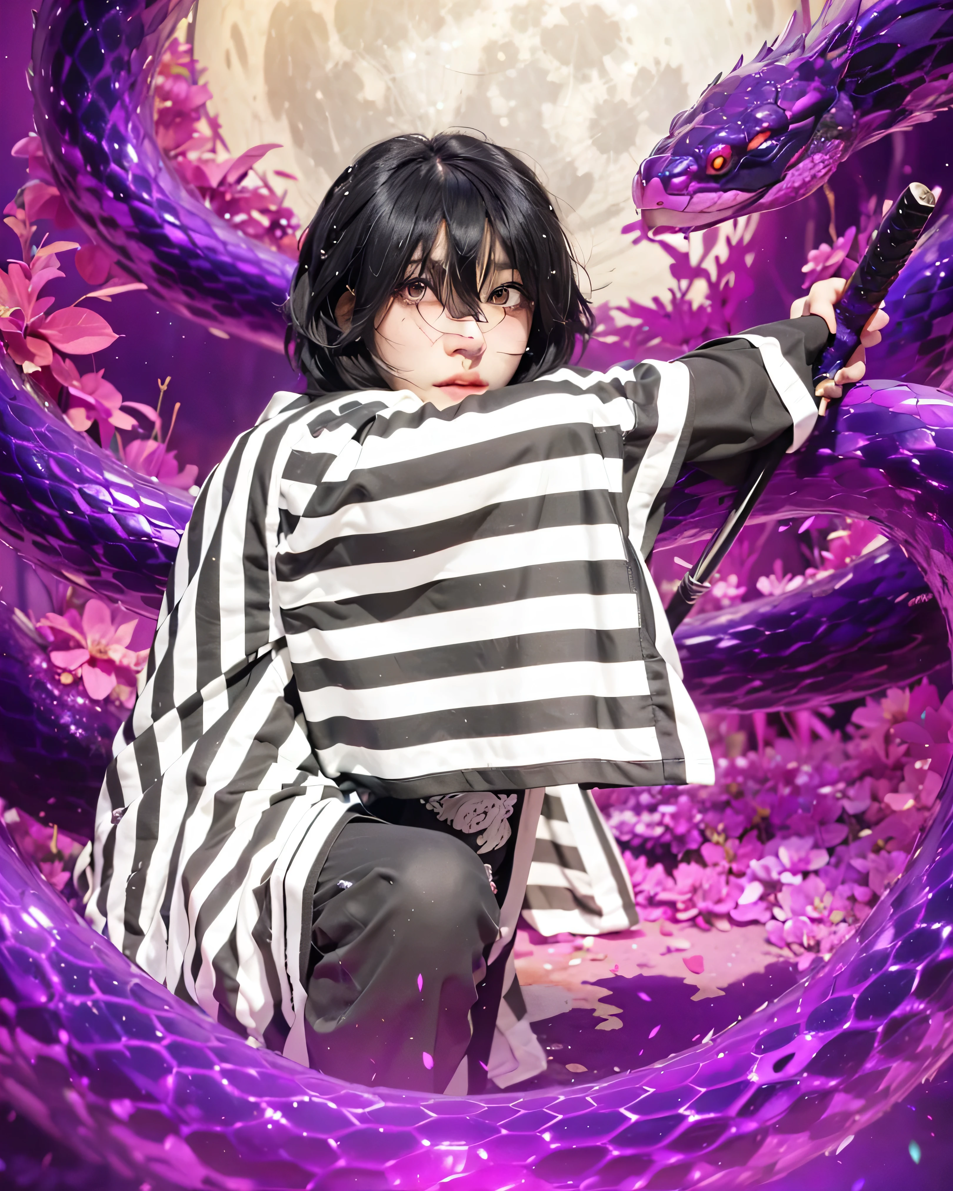((OBANAI IGURO_DEMON SLAYER)),((realistic, photorealistic)),(highlight hair)), Light reflection, (( HD )),((upper body)), (((best quality, masterpiece))), (masterpiece) (best quality) (detail) (8k) (HDR) (wallpaper) (cinematic lighting) (sharp focuasterpiece, best quality: 1.1), Real life adaption of this character, realistic outfit, realistic shadow, realistic light, realism, hyper realistic, realistic background,realistic hair,(photorealistic:1.2), (masterpiece: 1.2), (best quality: 1.3), (clear details: 1.3), ((((ultra-detailed)))), ((detailed eyes)), (extremely detailed face:1.4), (highly detailed eyelash:1.6), 1man, (Realistic style:0.9), masterpiece, best quality, absurdres, looking at viewer, solo, (A cosplayer:1.2), (asian:1.2), (young adult:1.1), wearing a white mask, dressed in a black and white striped kimono, black pants, (detailed kimono:1.3), holding a katana, (confident expression:1.3), squatting pose, center frame, facing the viewer, surrounded by purple glowing snakes, dramatic purple and pink energy effects, full moon in the background, digital art, vibrant color palette, (dynamic composition:1.1), high detail, (intricate patterns:1.2), fantasy atmosphere, artstation quality, 8k resolution,Purple snake coiled, purple fire particles, open sword,There should be no flowers in the picture,Purple light particles,