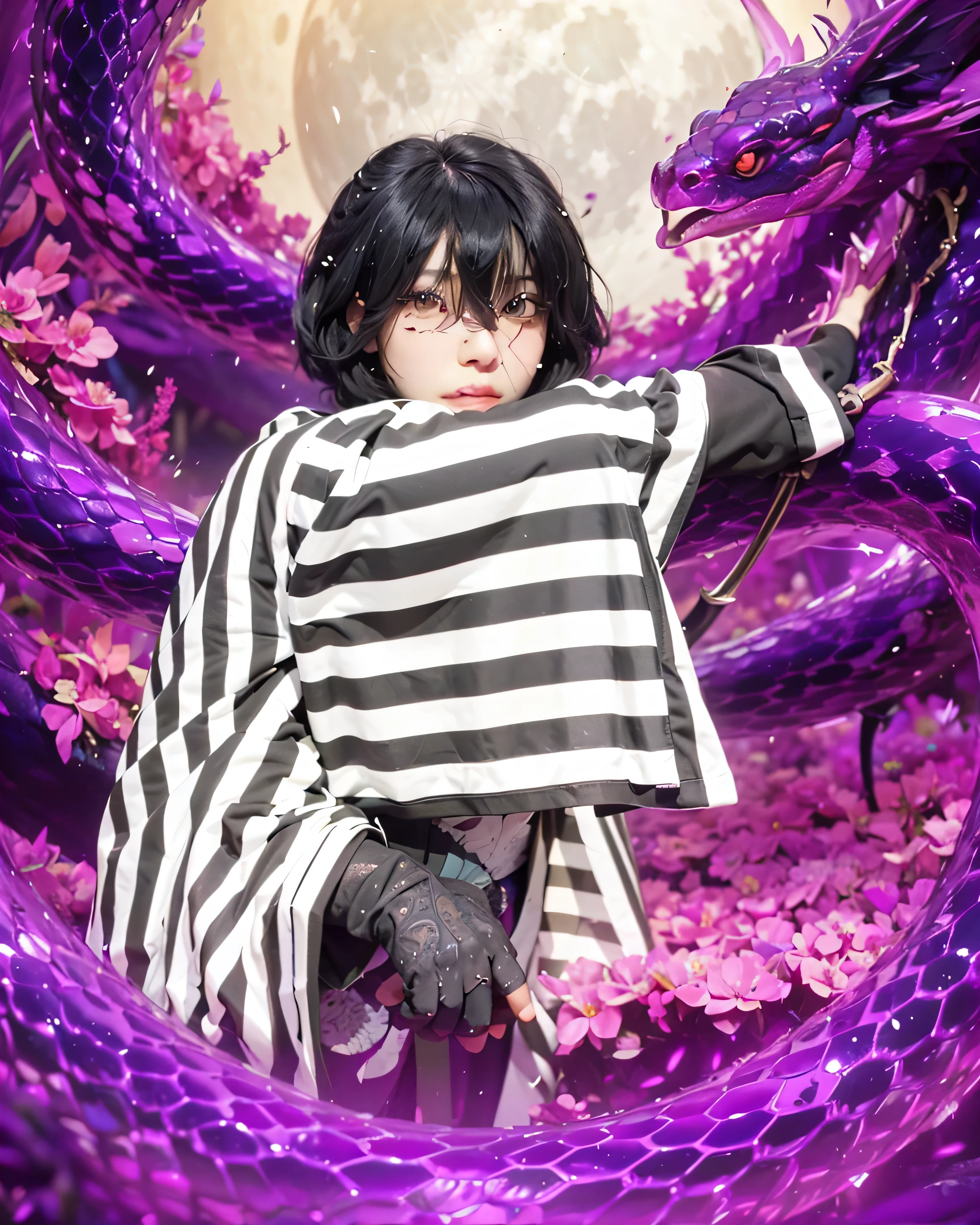 ((OBANAI IGURO_DEMON SLAYER)),((realistic, photorealistic)),(highlight hair)), Light reflection, (( HD )),((upper body)), (((best quality, masterpiece))), (masterpiece) (best quality) (detail) (8k) (HDR) (wallpaper) (cinematic lighting) (sharp focuasterpiece, best quality: 1.1), Real life adaption of this character, realistic outfit, realistic shadow, realistic light, realism, hyper realistic, realistic background,realistic hair,(photorealistic:1.2), (masterpiece: 1.2), (best quality: 1.3), (clear details: 1.3), ((((ultra-detailed)))), ((detailed eyes)), (extremely detailed face:1.4), (highly detailed eyelash:1.6), 1man, (Realistic style:0.9), masterpiece, best quality, absurdres, looking at viewer, solo, (A cosplayer:1.2), (asian:1.2), (young adult:1.1), wearing a white mask, dressed in a black and white striped kimono, black pants, (detailed kimono:1.3), holding a katana, (confident expression:1.3), squatting pose, center frame, facing the viewer, surrounded by purple glowing snakes, dramatic purple and pink energy effects, full moon in the background, digital art, vibrant color palette, (dynamic composition:1.1), high detail, (intricate patterns:1.2), fantasy atmosphere, artstation quality, 8k resolution,Purple snake coiled, purple fire particles, open sword,There should be no flowers in the picture,Purple light particles,