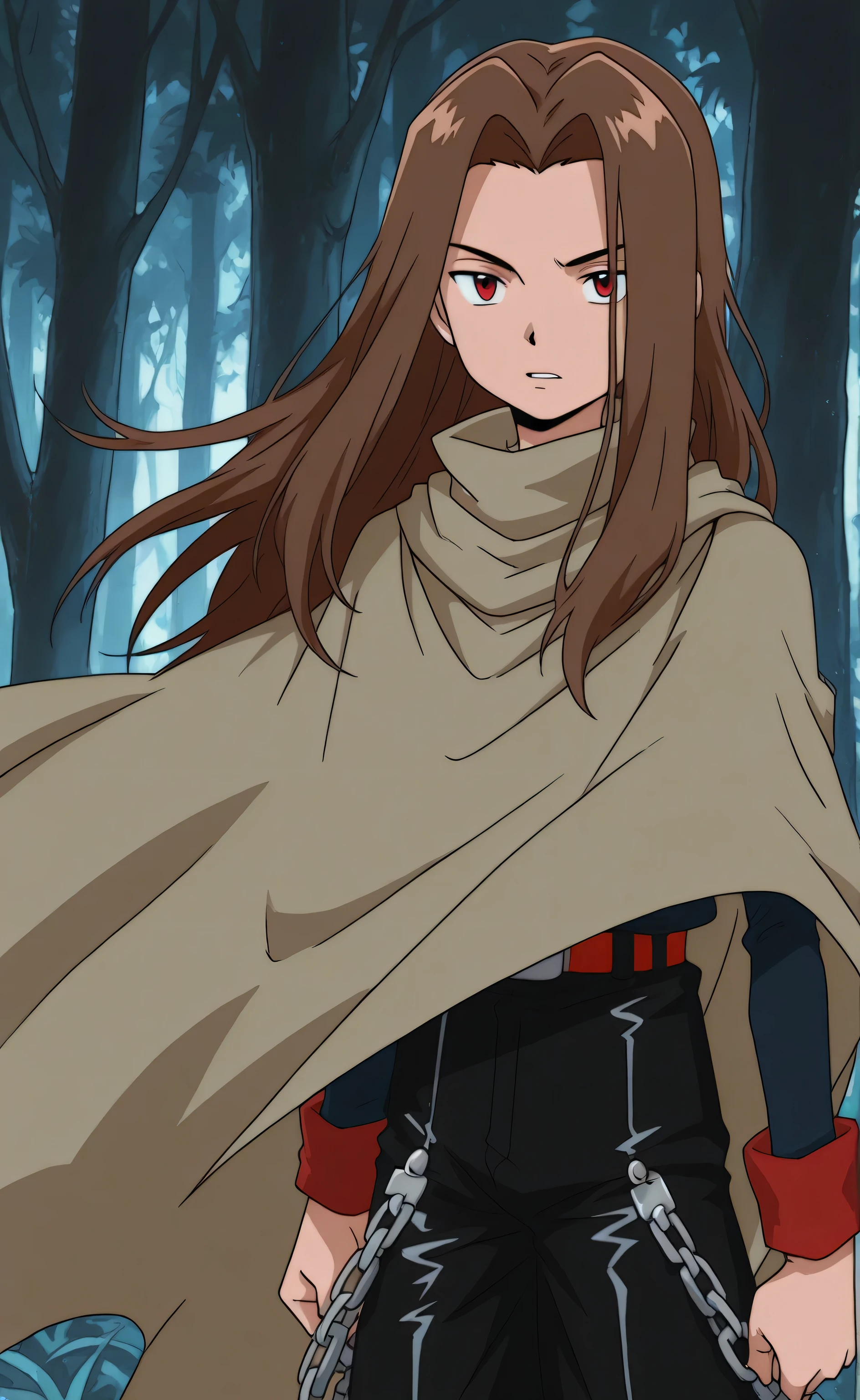 1boy, solo, Hao Asakura, dark-brown hair, long hair, red eyes, grim, light-brown over cape, black pants, chain pants, forest, Digimon Adventure Style