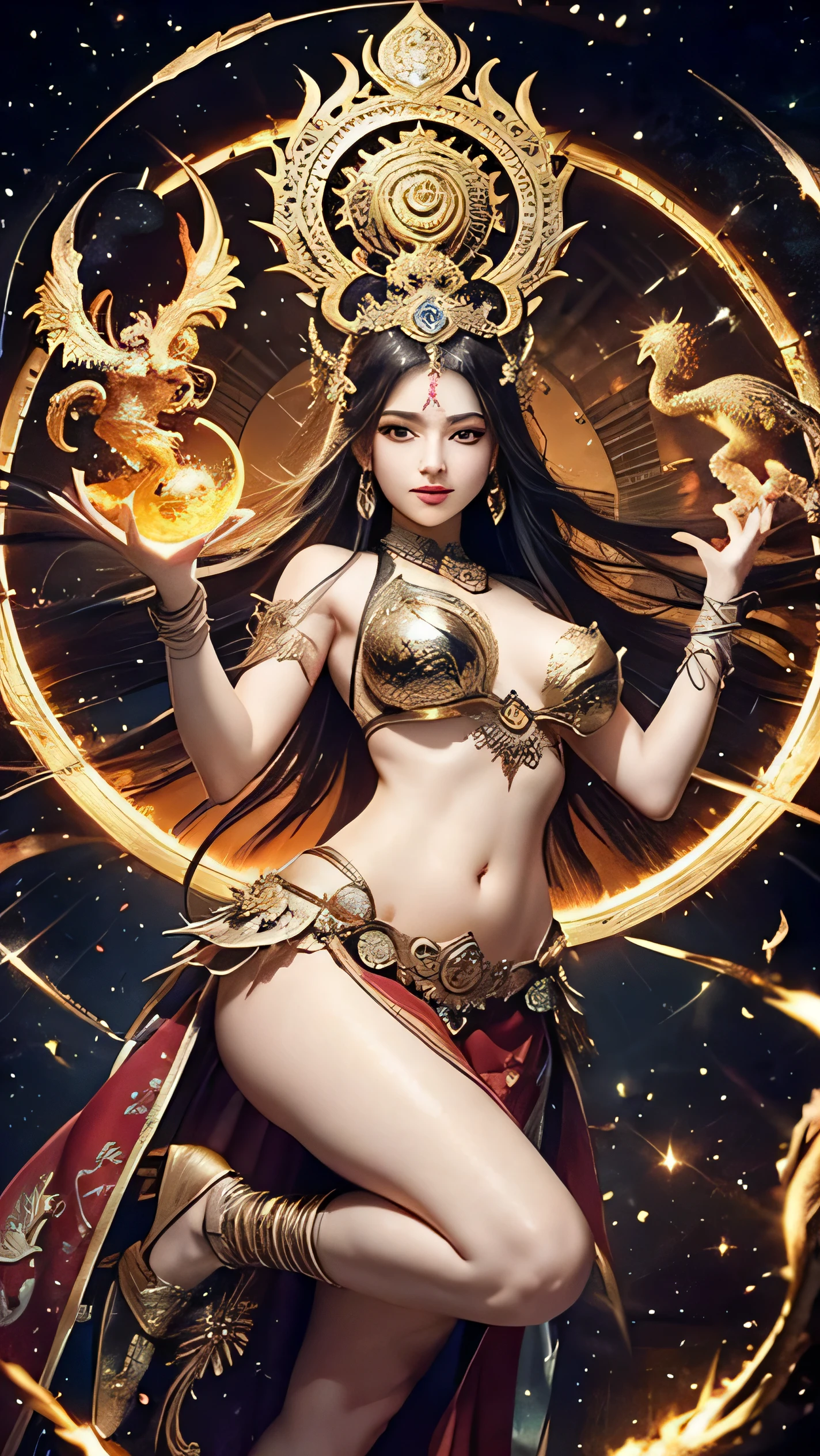 high resolution、Very detailed、8K、All hands、Beauty、The goddess、Gorgeous costumes、Luxurious ornaments、Belly Dancer、Asura statue、Bishamonten、Demon King、Extremely fantastical、Spiritual World、Buddhism、Esoteric Buddhism、Mandala Background、Dragon and Phoenix