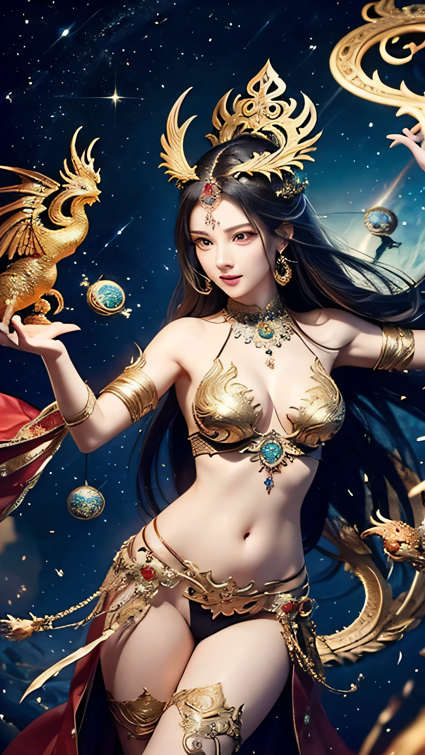high resolution、Very detailed、8K、All hands、Beauty、The goddess、Gorgeous costumes、Luxurious ornaments、Belly Dancer、Asura statue、Bishamonten、Demon King、Extremely fantastical、Spiritual World、Buddhism、Esoteric Buddhism、Mandala Background、Dragon and Phoenix