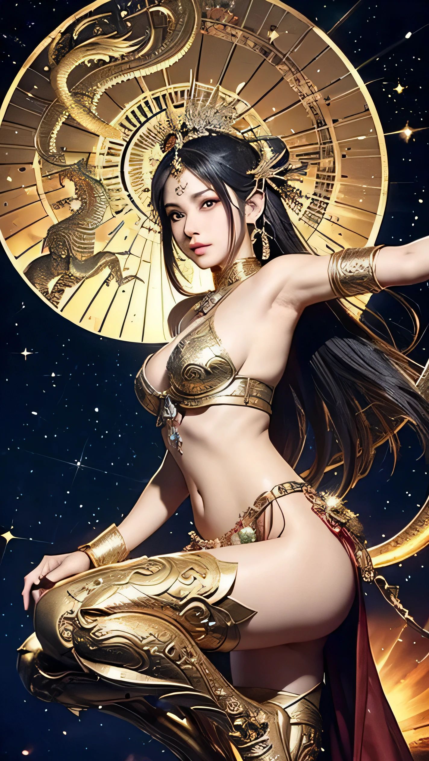 high resolution、very detailed、8k、、Beauty、The goddess、goddess、gorgeous costume、Gorgeous Ornament、belly dancer、Ashura Statue、Bisharon Day、 Demon King、 The extremely fantastic 、Spiritual World、Buddhism、Esoteric Buddhism、Mandala Background 、Zazen、high leg、T-back、Castle line、 Dragon and Phoenix