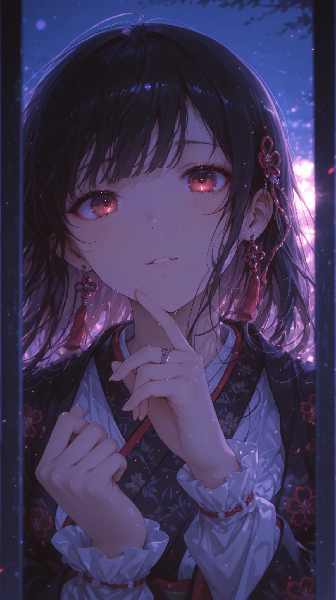 red eyes black kimono with red pattern upper body