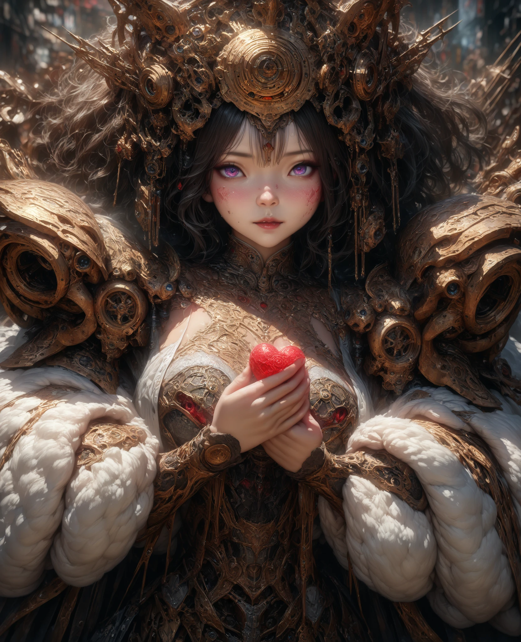 with both hands、Hiraga Genchi's mechanical doll, Japanese dolls , Representative Works , professional, holding the heart of the machine with both hands {x} with a very elaborate and detailed mechanical mechanism、holding the heart of the machine with both hands, (( high resolution, 8k, Exquisite details, realistic skin texture、masterpiece, Super Detailed, Highest Quality, HDR, perfect face, Aesthetic Eyes , (detailed face, Details Eyes )with delicate and fluffy texture, )),