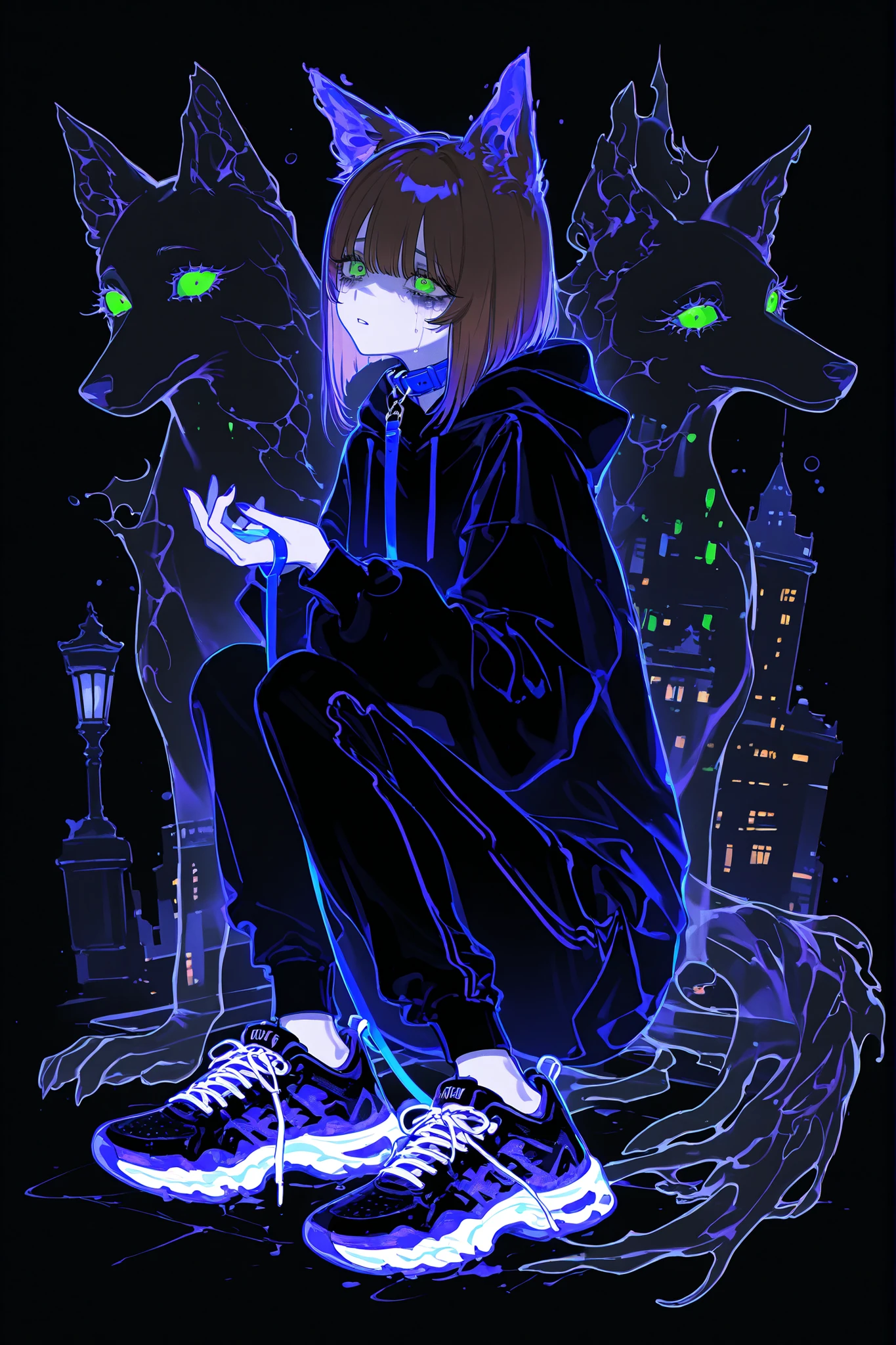 (xxx667_illu,) The lady with the dog. A sad crying girl with pale skin. She has green eyes and bruises under her eyes, a tear-stained face. She has short black-brown hair with a wolfcut. She is wearing a black hoodie with ears. She's wearing black sweatpants and violet sneakers. She holds a black and blue leash in her hand. Next to her sits a transparent silhouette of a Cane Corso ghostly dog. (In the background: dark night, the light from one street lamp, a city park.)