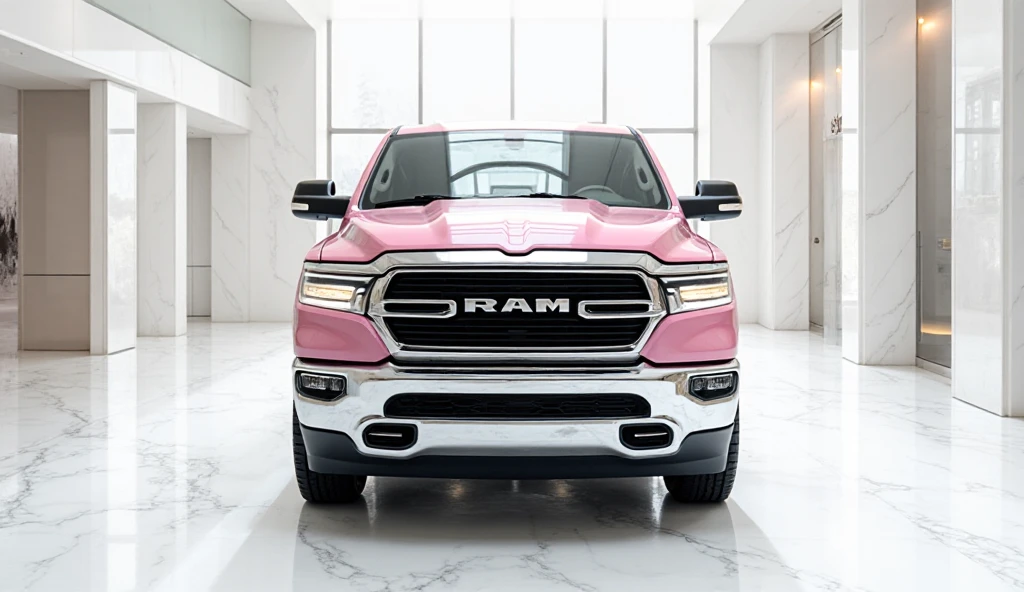 A 2026 RAM 1500 [ pink ] showcased inside a luxurious white showroom ...