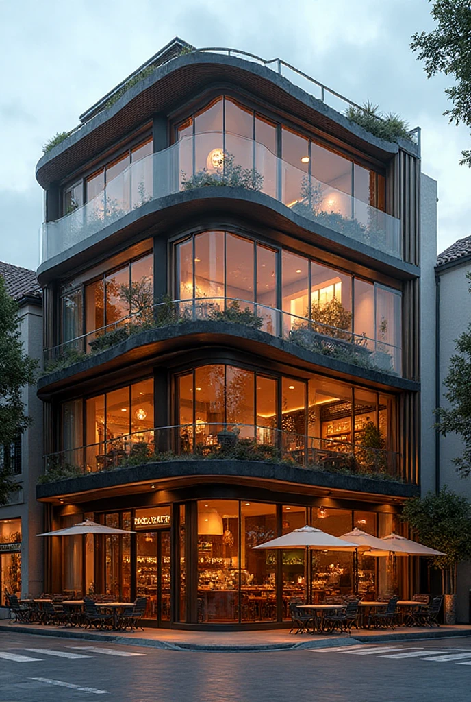 modern four-story café building viewed from the street, elegant glass ...