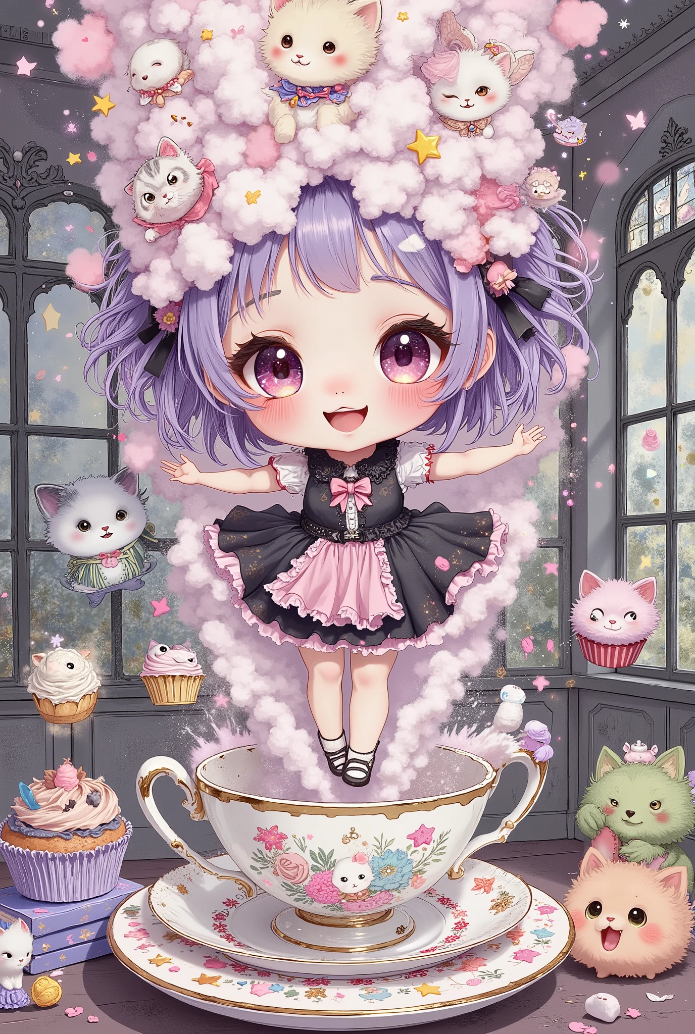 masterpiece, best quality, ultra-detailed, cute, chibi anime style, kawaii, vibrant colors, dynamic action, chaotic cuteness
Subject: An adorable chibi Tea Cup Witch with a giant head, huge sparkling eyes (color of strawberry tea!), and rosy blushy cheeks. She wears a short, cute gothic-style dress (black and pink, with tiny bows and cupcake patterns). Her messy purple hair sticks out cutely.
Action: She is jumping with joy, unleashing a chaotic, erupting geyser of fluff, sparkles, and cuteness from a tiny, cracked teacup. The vortex is a whirlwind of pastel-colored cotton candy, glitter, and confetti, filled with flying chibi illusions: winged kittens, smiling stars, dancing macarons, and marshmallows with eyes tumbling around happily.
Atmosphere & Details: Explosion of kawaii dynamics. The scene is a cute gothic dollhouse room with tiny stained-glass windows. Plush cupcakes and pop-up books are bouncing off the shelves. Her familiar, a chubby kitten with huge eyes, is comically floating in the air, trying to catch a marshmallow with its paw. Everything is round, soft, and non-threatening.
Style: Super-deformed chibi, super cute, in the style of Sanrio (Hello Kitty) and cute mobile game art. Pastel colors (pink, lavender, mint) with pops of vibrant color. Soft lighting, joyful chaos, hyper-detailed cuteness.