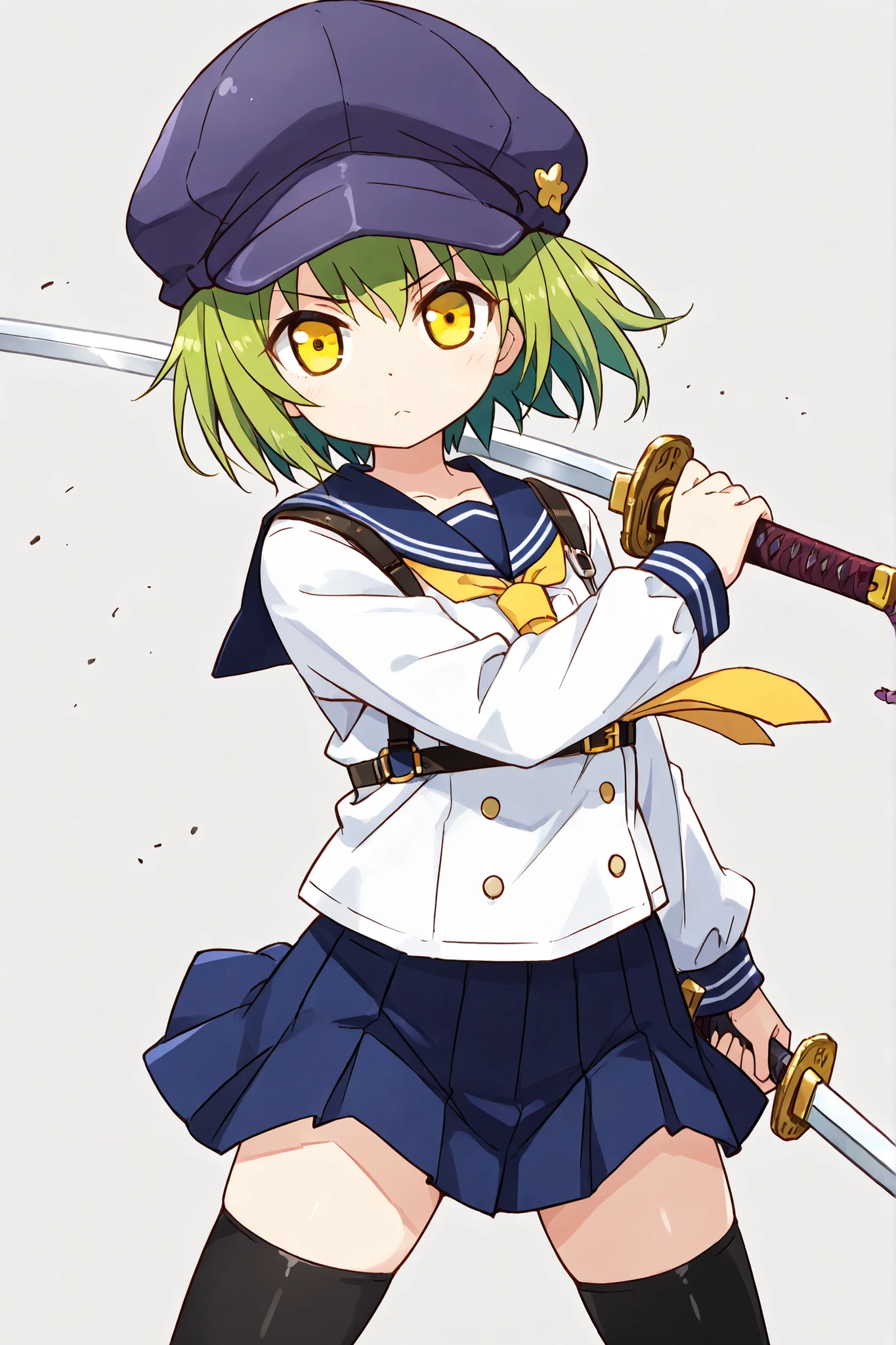 1girl,,,green hair ,yellow eyes ,thighhighs ,serafuku ,yellow necktie,cabbie hat,chest_harness ,{holding sword },[ ],fighting stance,below wind,[[[[[[ico_(green_bullet)]]]]]]],{style_parody},(masterpiece), (best quality),,{{{cowboy shot,}}