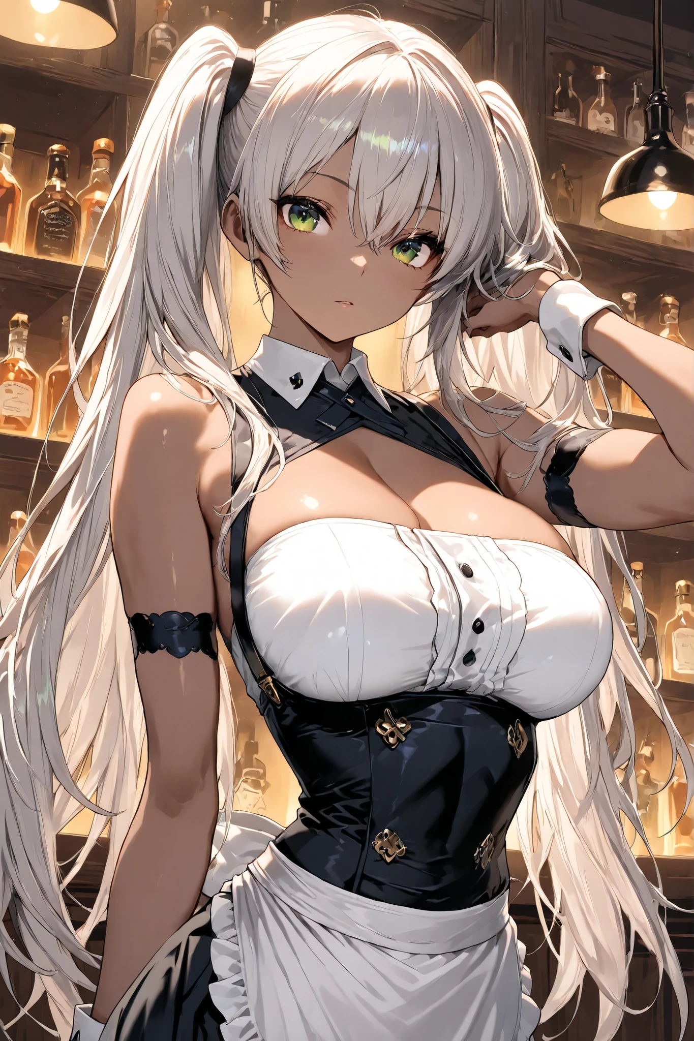 masterpiece, Highest Quality, Female, solo, 20歳のFemale, looking straight ahead, Cowboy Shots, silver hair, long hair, twin tail, beautiful, green eyes, Thin waist, toned body, brown skin, bartender clothes