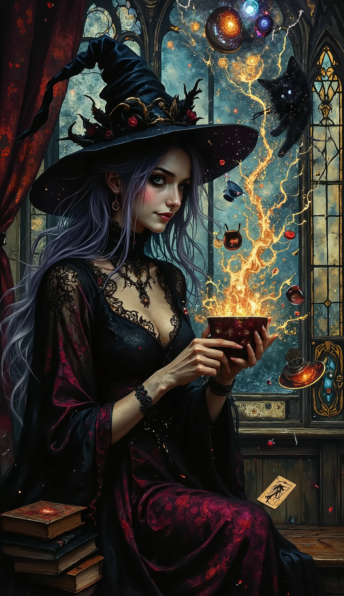 masterpiece, best quality, ultra-detailed, 8k, dynamic action, explosive motion, cinematic lighting, particle effects, fantasy anime
Subject: A Tea Cup Witch with pale skin and glowing amethyst eyes caught in a dynamic spin. Her gothic lolita dress (black/burgundy, lace) flares dramatically around her. Her silver-lilac hair streams upward as if caught in a magical shockwave. The stained-glass window behind her is cracking from the released energy.
Action: A violent, expanding vortex of magic erupts from a cracked teacup in her hand. It's a tornado of dreams and mischief, filled with chaotic, swirling illusions: a flying teapot chasing a Tarot card, whispering roses arguing with a grinning moon-cat, all forming and dissolving at high speed. The witch has a fierce, ecstatic smile, masterfully unleashing the chaos.
Atmosphere & Details: High dynamic movement. Books and dozens of floating, falling teacups trail streams of colored steam (gold, silver, crimson). A magical teapot floats mid-air, pouring a rainbow liquid that morphs into constellations before dissipating. Her black cat familiar clings to a billowing velvet curtain in panic. Sharp, dramatic lighting from the magical explosion and the cracked window, casting long, moving shadows. Cinematic particle effects and light rays.
Style: Dynamic gothic anime, in the style of Trigger Studio and Mamoru Hosoda, explosive motion blur, vivid colors, high contrast, intense energy.