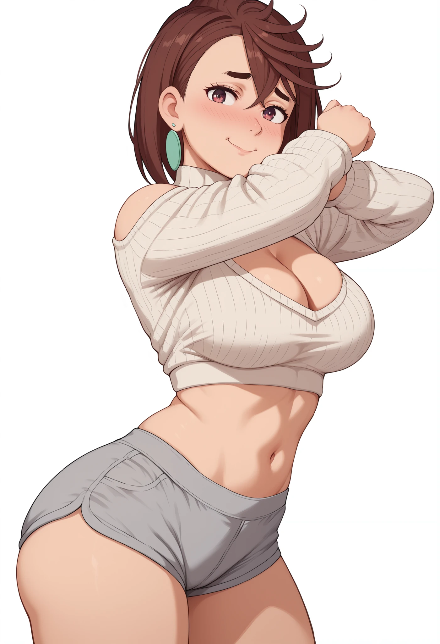 momo ayase, posing embarrassed , red face , short hair, brown hair, brown eyes, bangs, thick eyebrows, large breasts,, shy expression, blushing cheeks, detailed shading, soft shadows,, anime style, high detail, clean background. , CLEAVAGE, alone, earrings, nose blush, cowboy shot, detailed background, ,looking at viewer,, navel, midriff, big ass, side pose, dynamic pose,, soft smile, white background, empty background, white sweater, grey shorts, shoulder cutouts