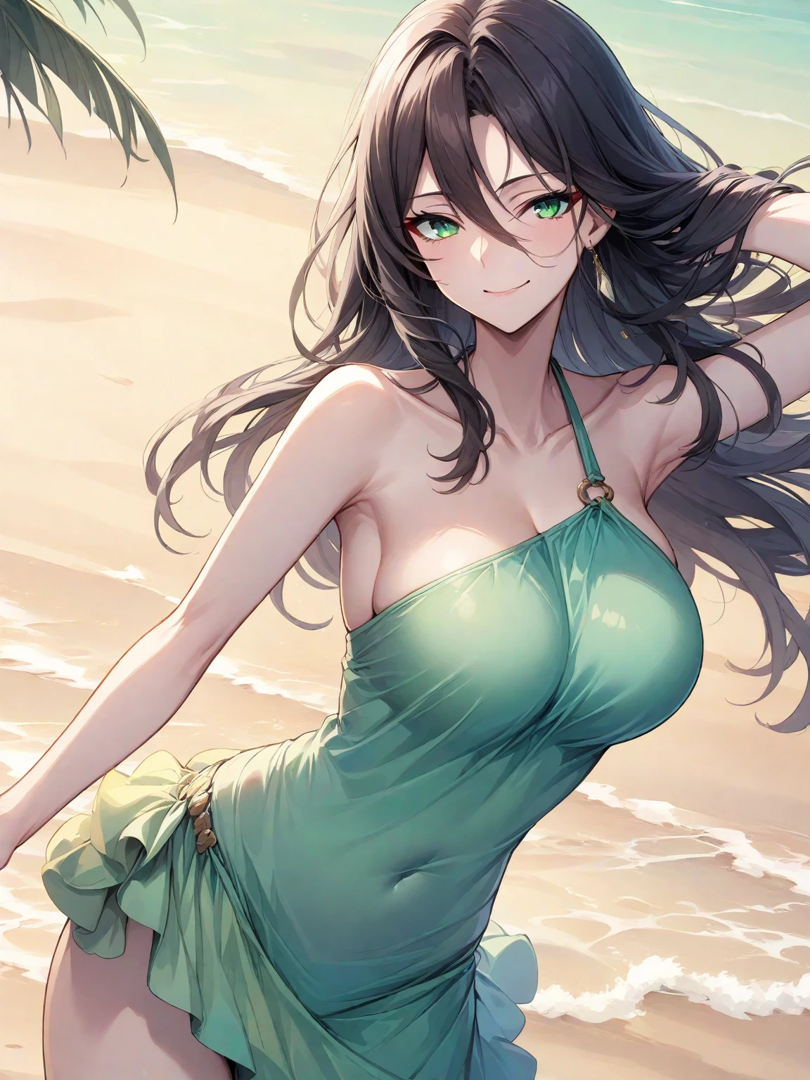 (top quality, masterpiece, high quality, ultra-delicate), ((beautiful girl)), (((adult)), ((Pure Dark black hair)), mature, graceful curves, ((long hair, long bangs)), ((bright green eyes)), ((detailed eyes)), ((large )) nose, bangs,  , fashion, thick thighs, big , beach, day , small smile. ((, ))